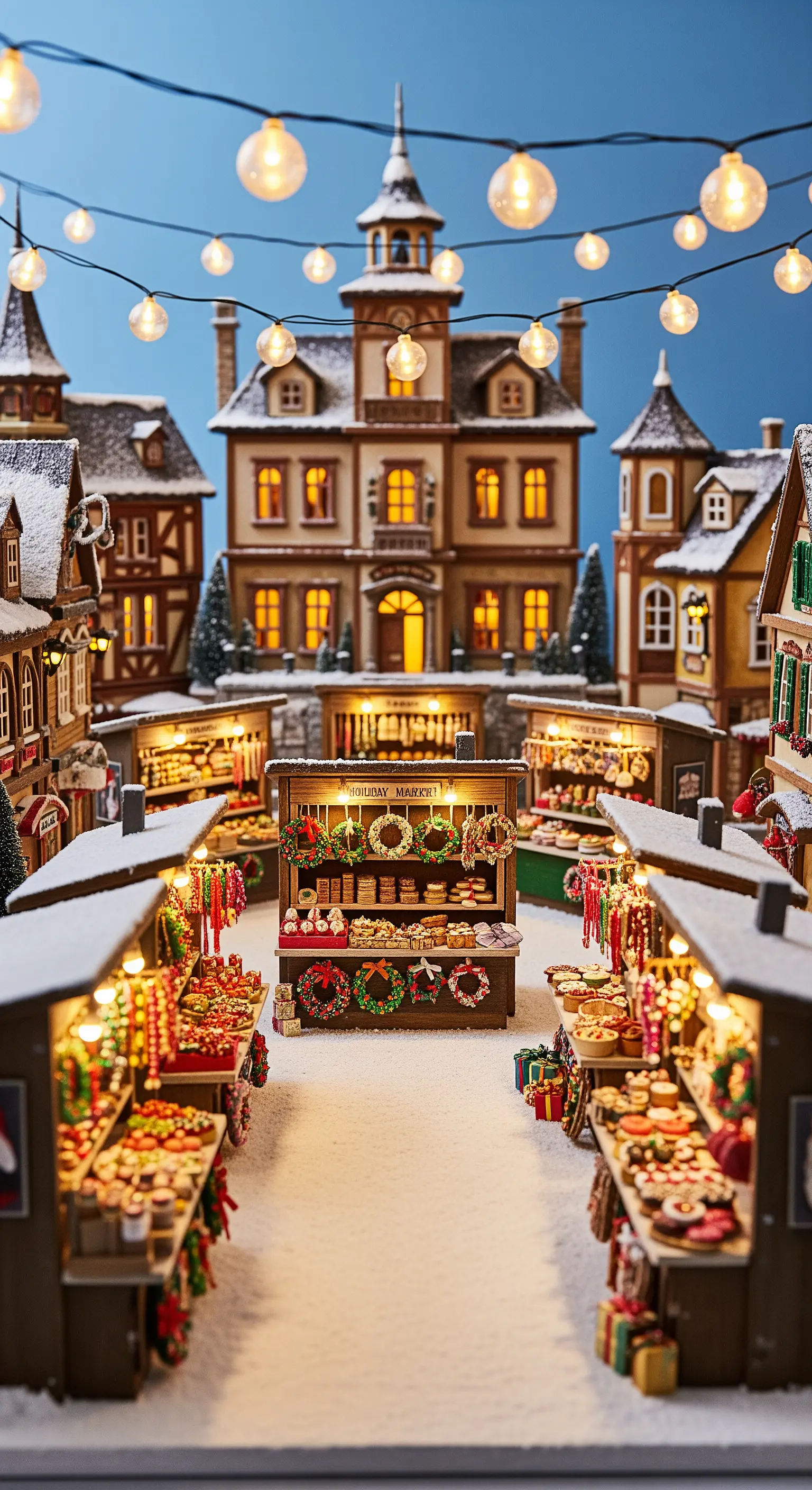 Dettagliato mercatino di Natale in miniatura con bancarelle illuminate e ghirlande.