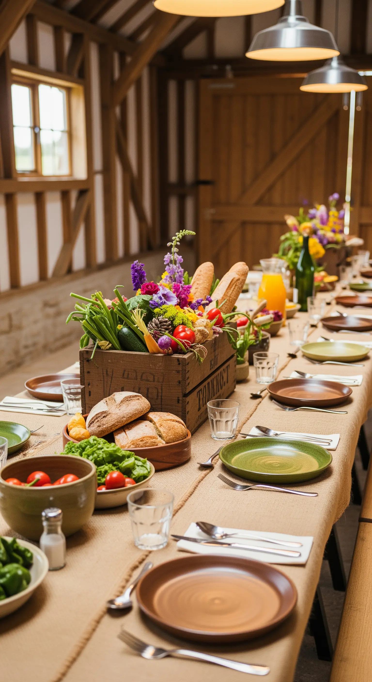Tavola rustica in un fienile con una cassetta di legno piena di verdure e pane.