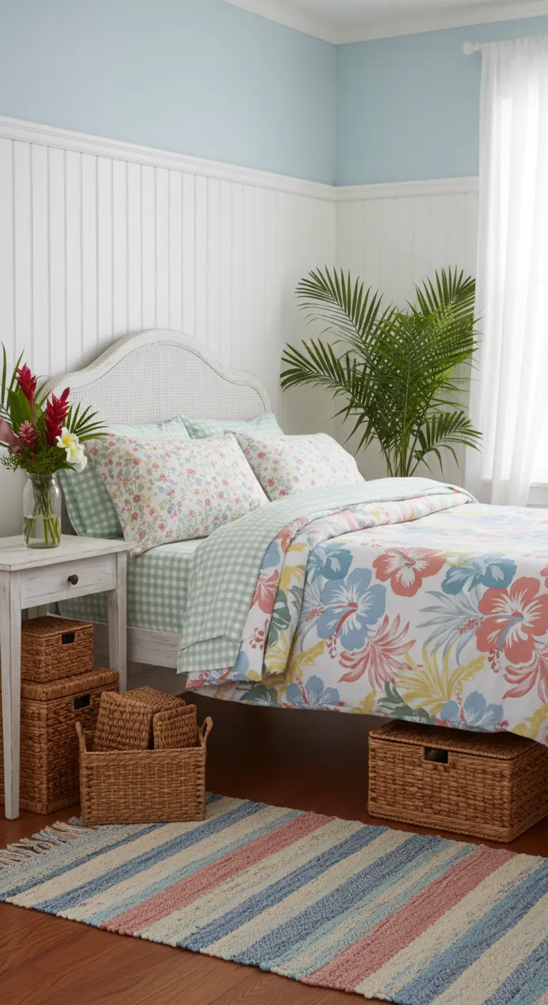 Camera da letto in stile cottage con biancheria a fiori di hibiscus e a quadretti vichy.