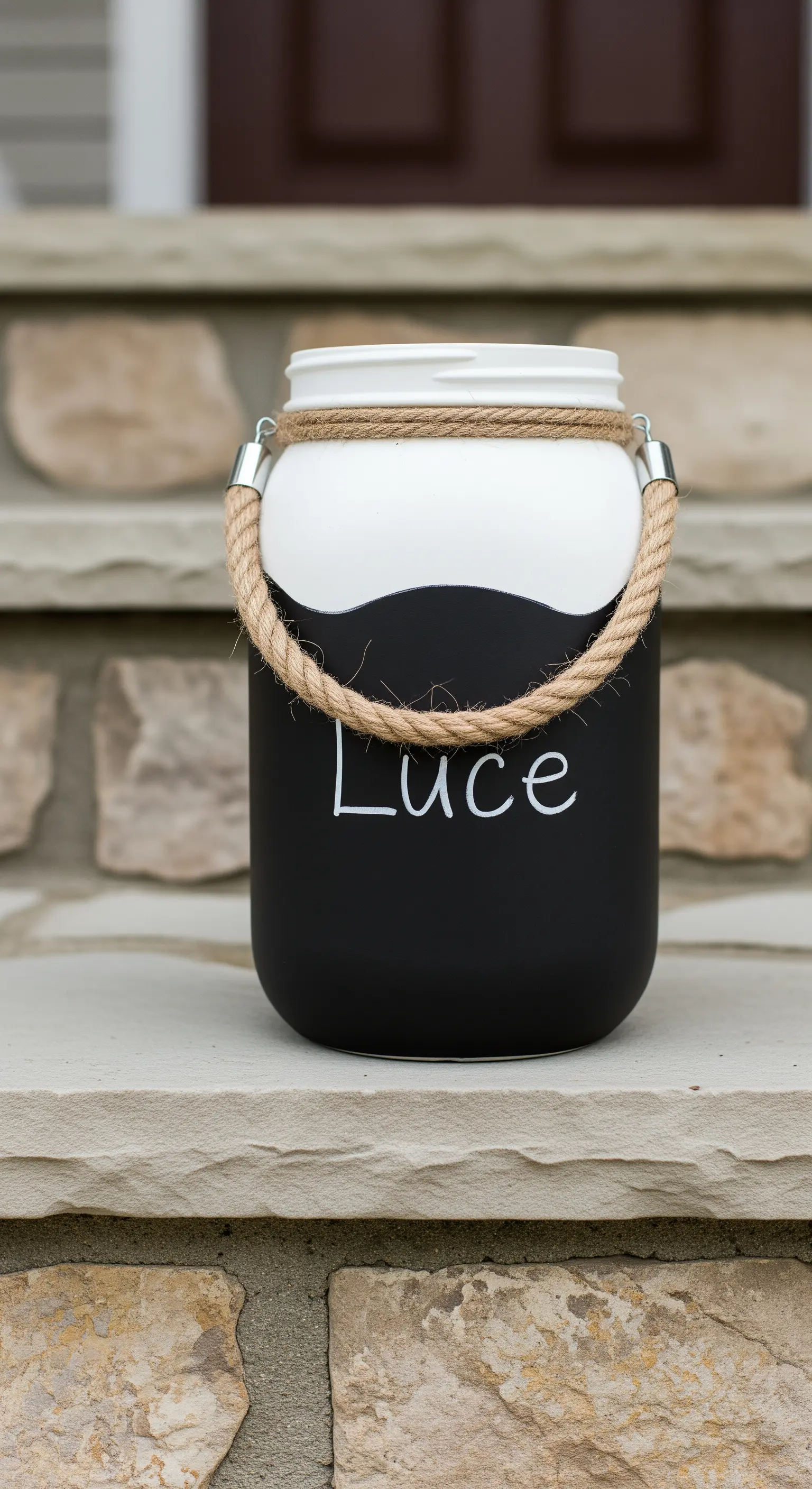 Barattolo dipinto di nero e bianco con effetto lavagna e la parola 