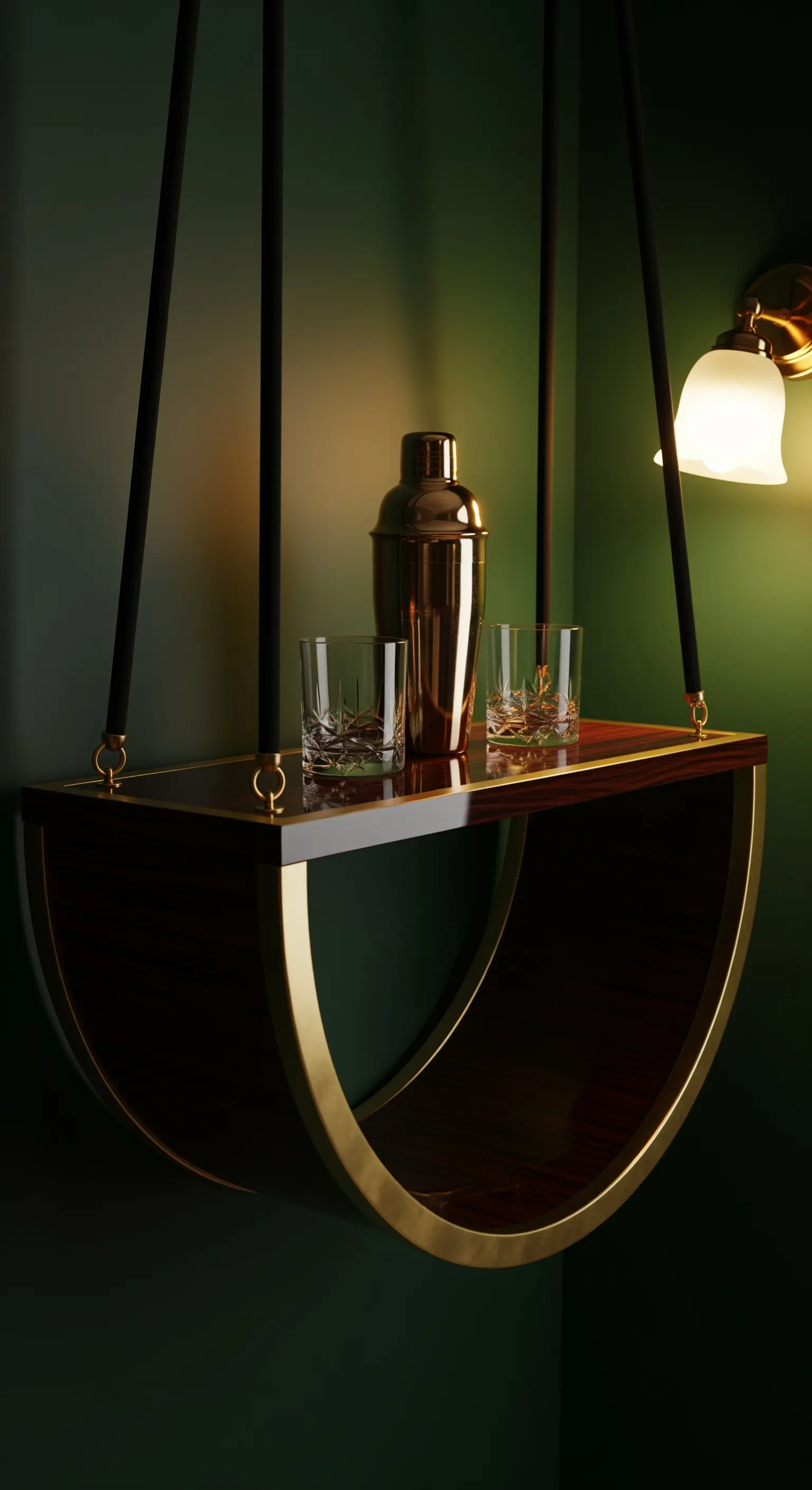 Mensola bar sospesa in legno scuro e ottone con shaker e bicchieri da cocktail.