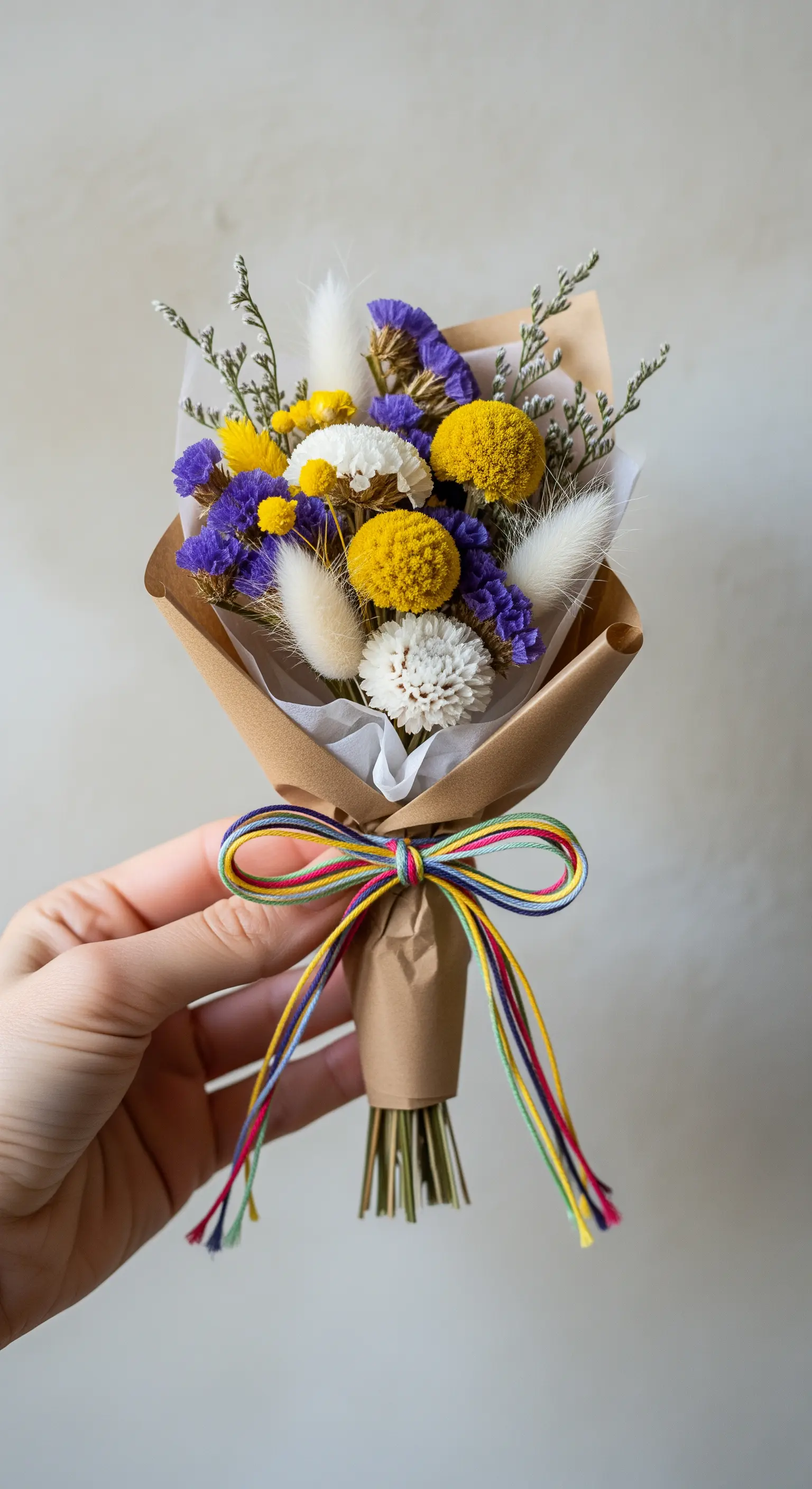 Mano che tiene un piccolo bouquet di fiori secchi colorati, avvolto in carta kraft.