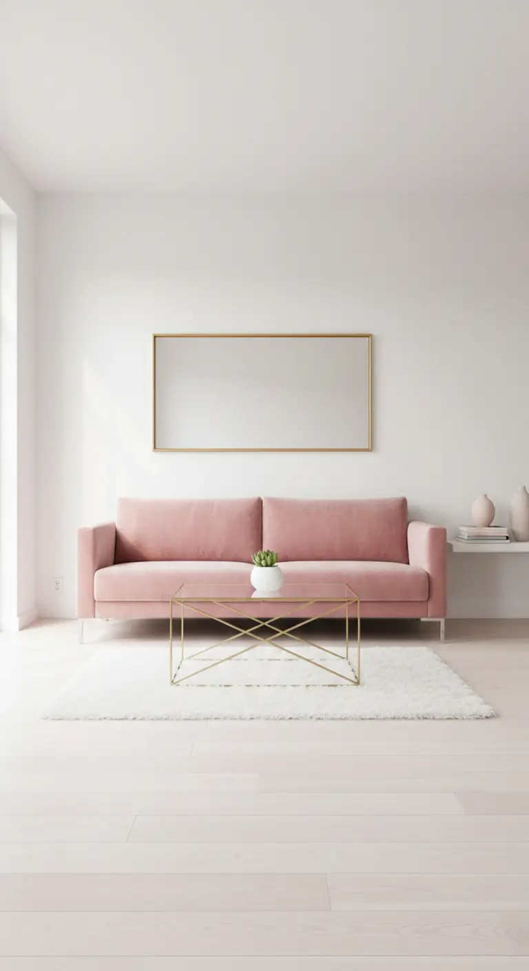 Divano rosa in un soggiorno minimalista bianco, con specchio orizzontale e tavolino dorato.