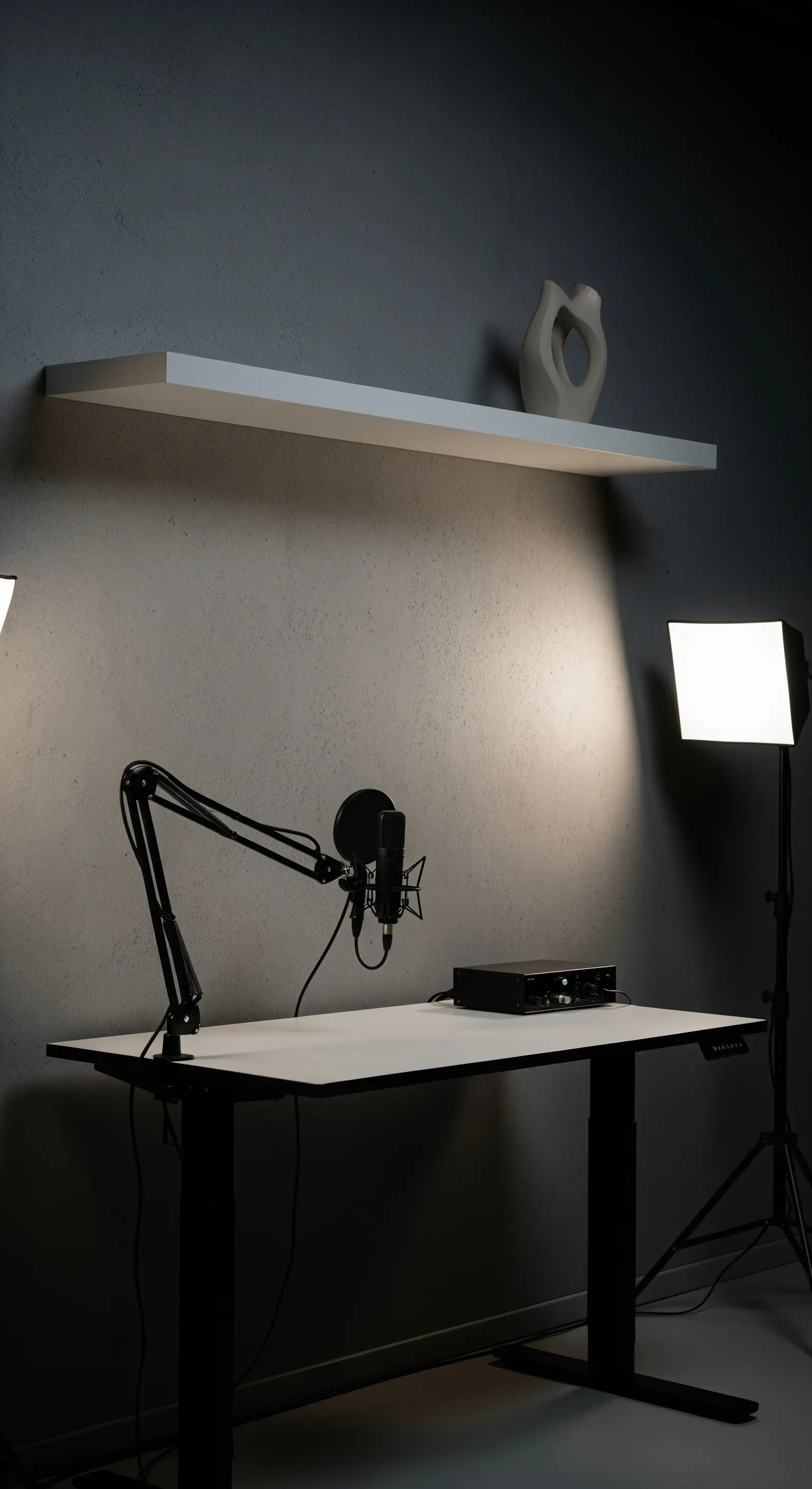 Postazione podcast minimalista con microfono, luci softbox e una singola mensola bianca.