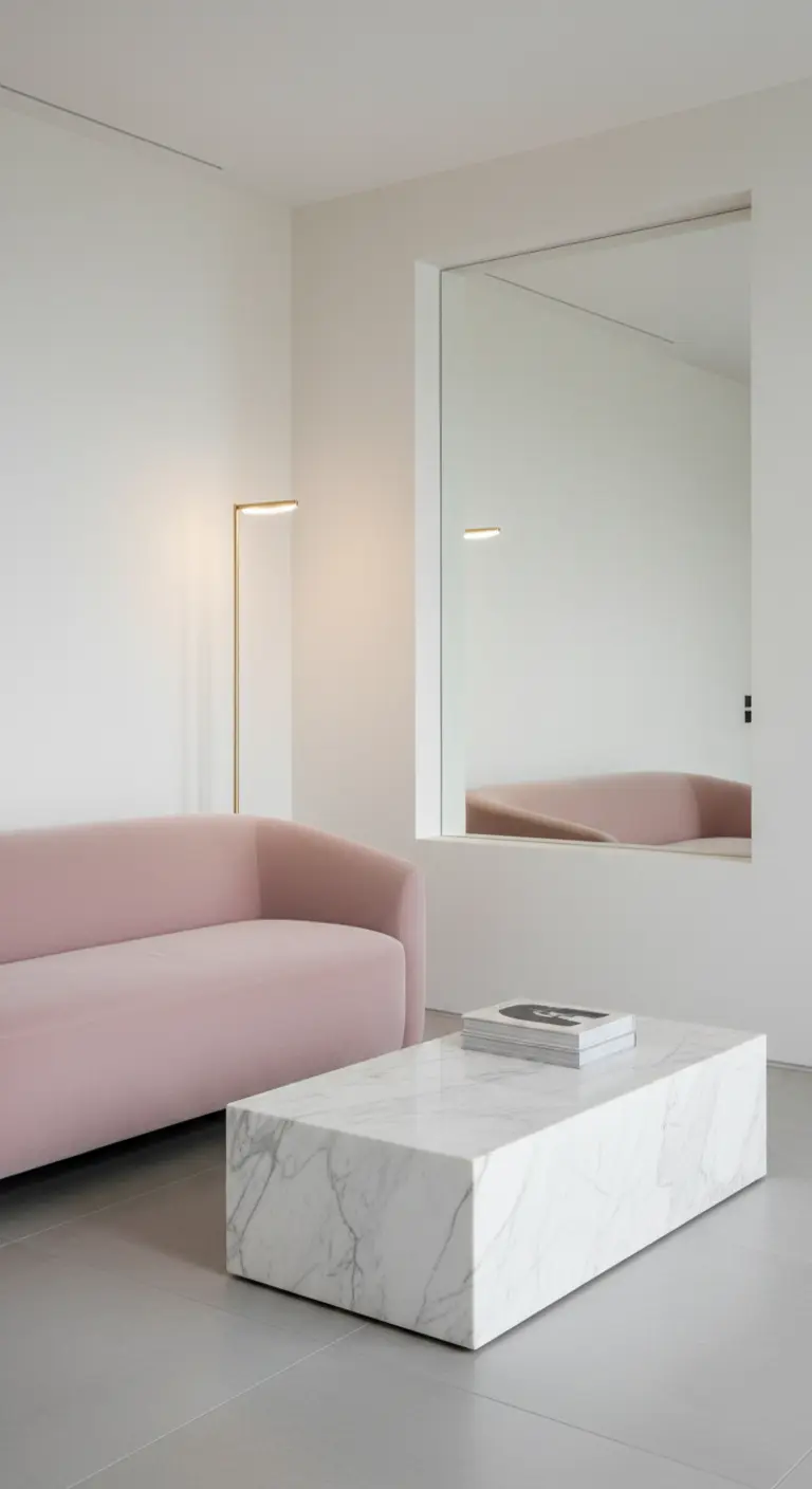 Soggiorno minimalista con divano rosa, tavolino in marmo a blocco e grande specchio senza cornice.