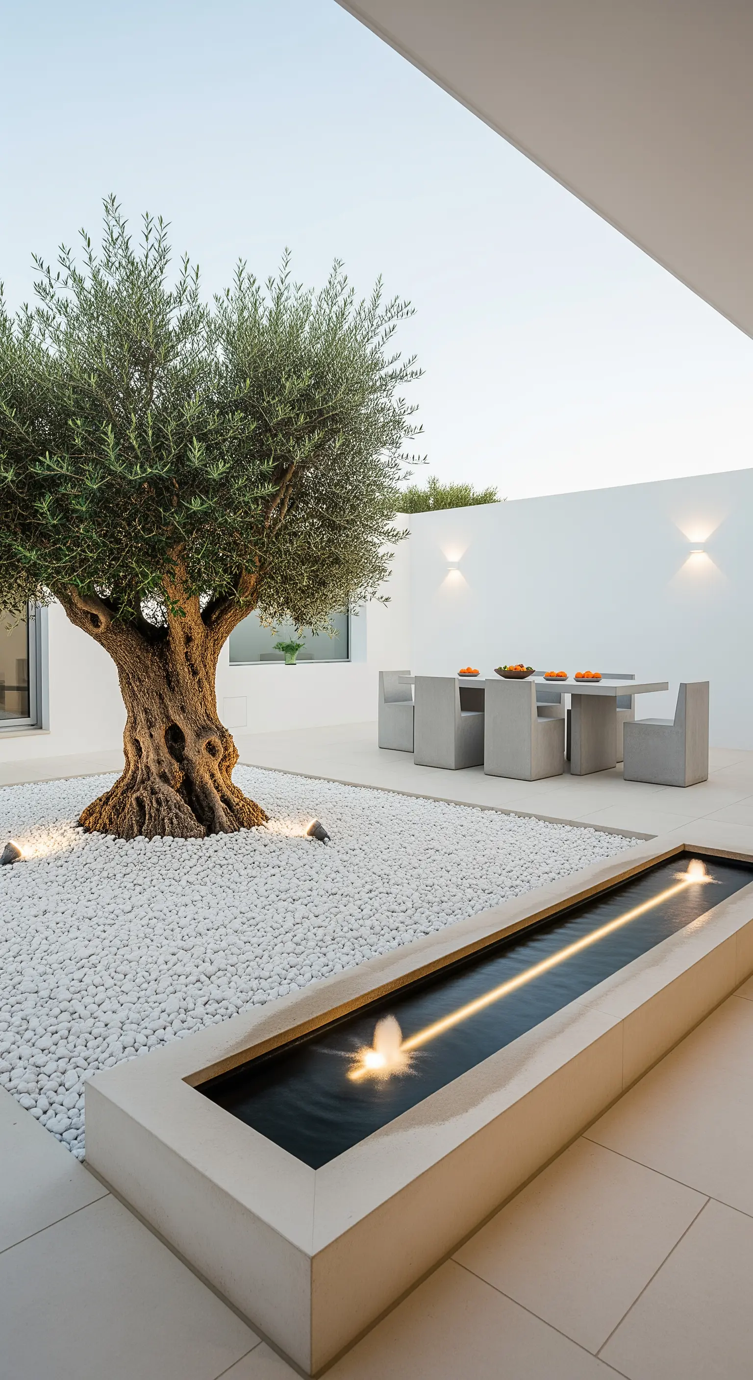 Giardino minimalista con ulivo su ciottoli bianchi, arredi in cemento e fontana lineare.