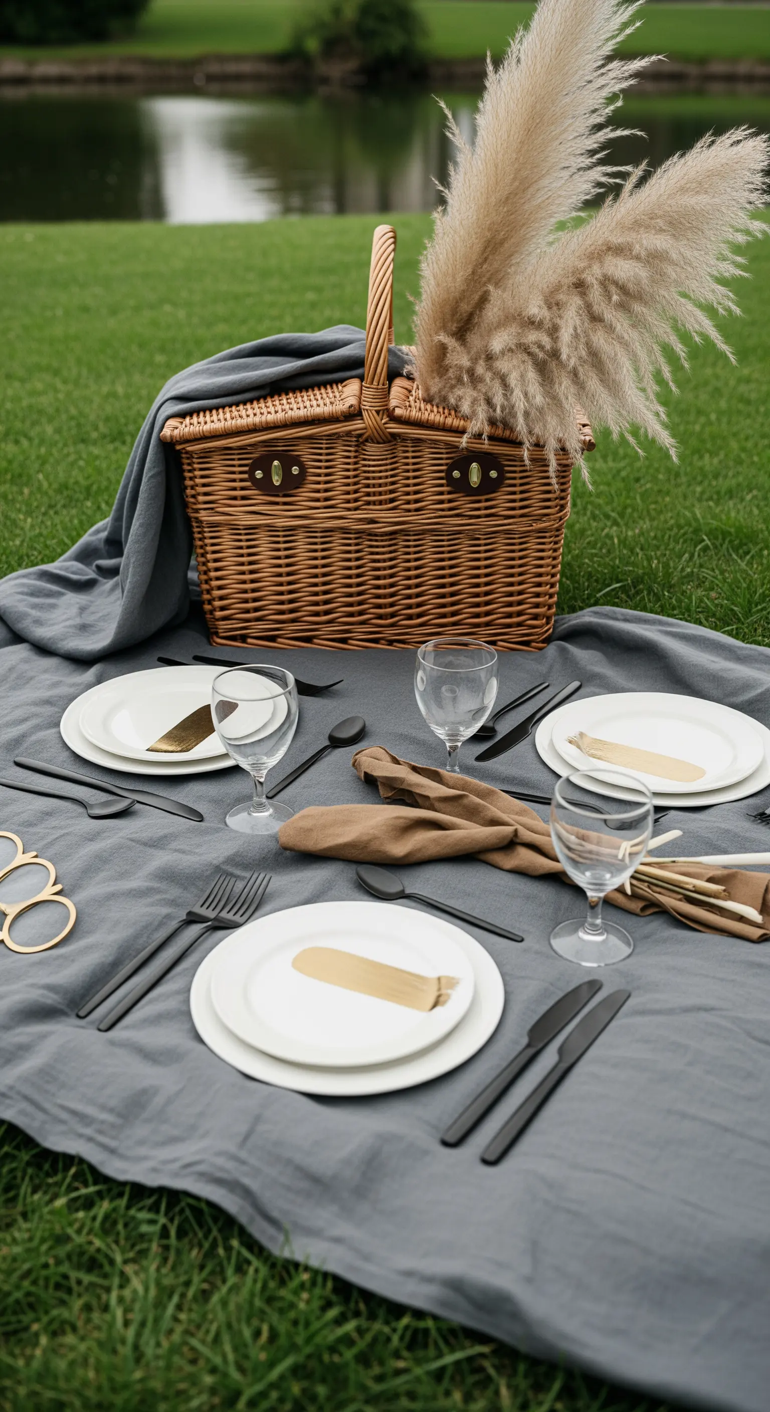 Picnic moderno con tovaglia grigia, posate nere opache e un mazzo di erba pampa nel cestino.