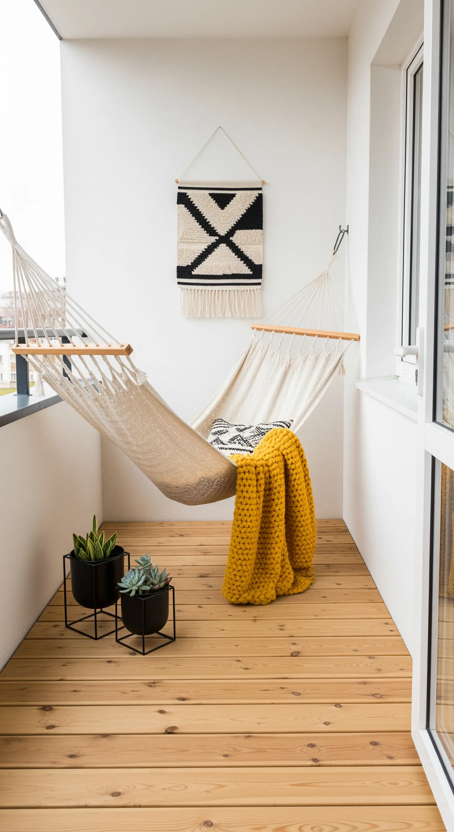 Balcone minimalista con amaca beige, coperta gialla e decorazione da parete geometrica.