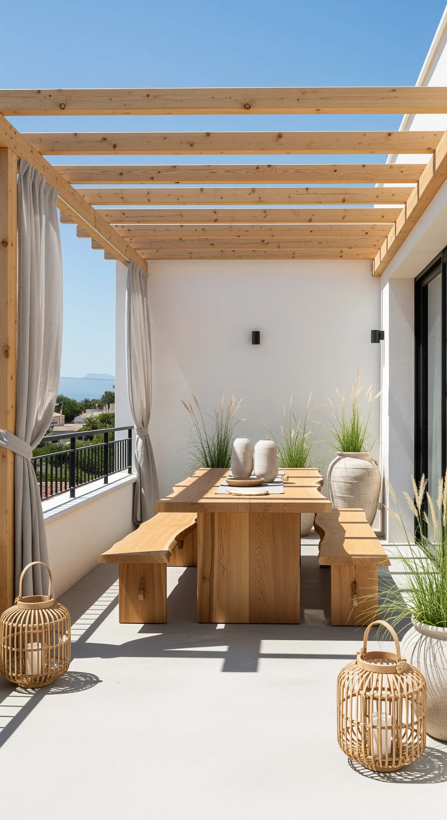Terrazza minimalista con pergola e tavolo in legno chiaro, tende in lino e lanterne in bambù.