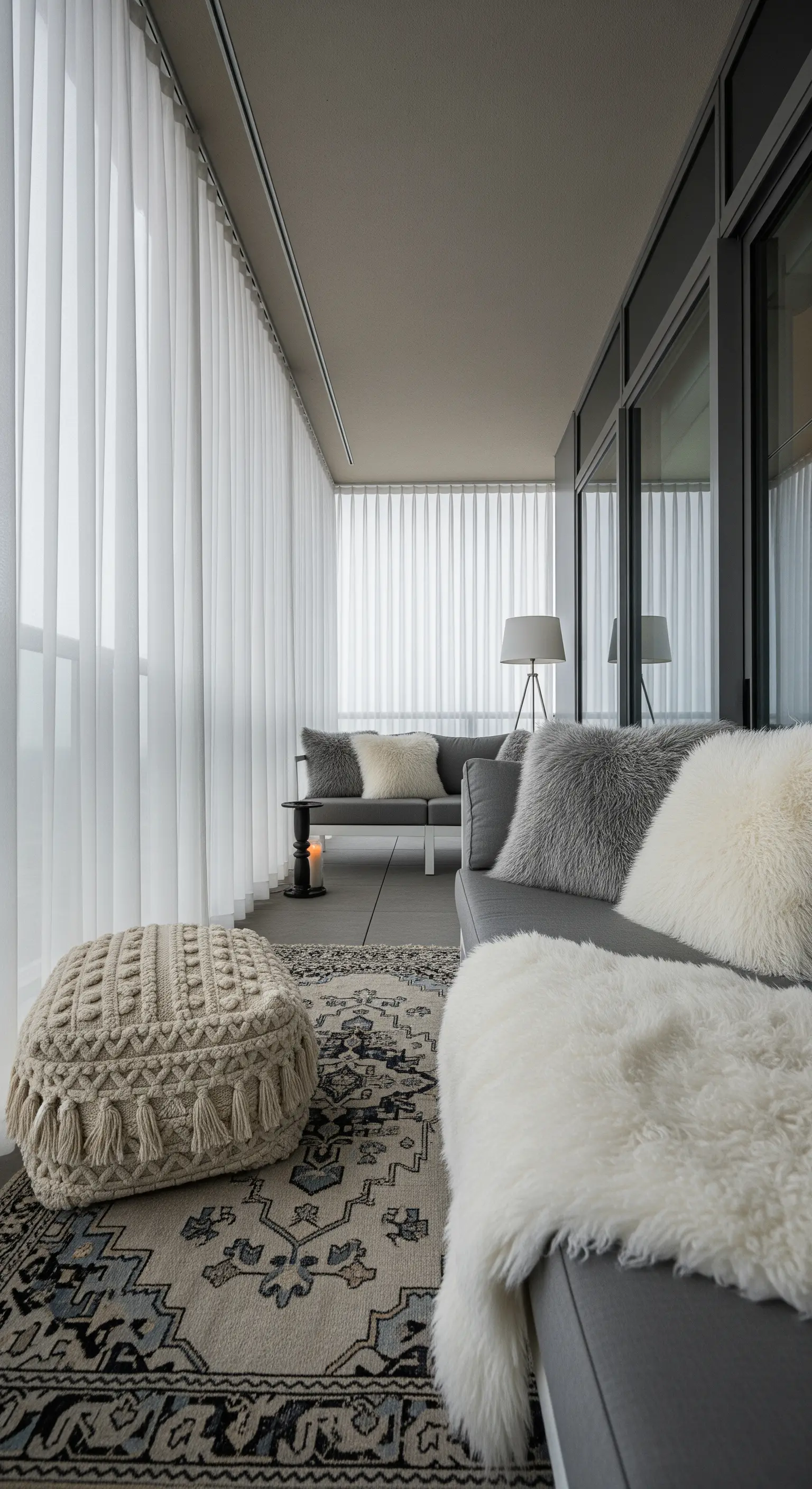 Balcone moderno e minimalista con divani grigi, cuscini in pelliccia sintetica e tappeto persiano.