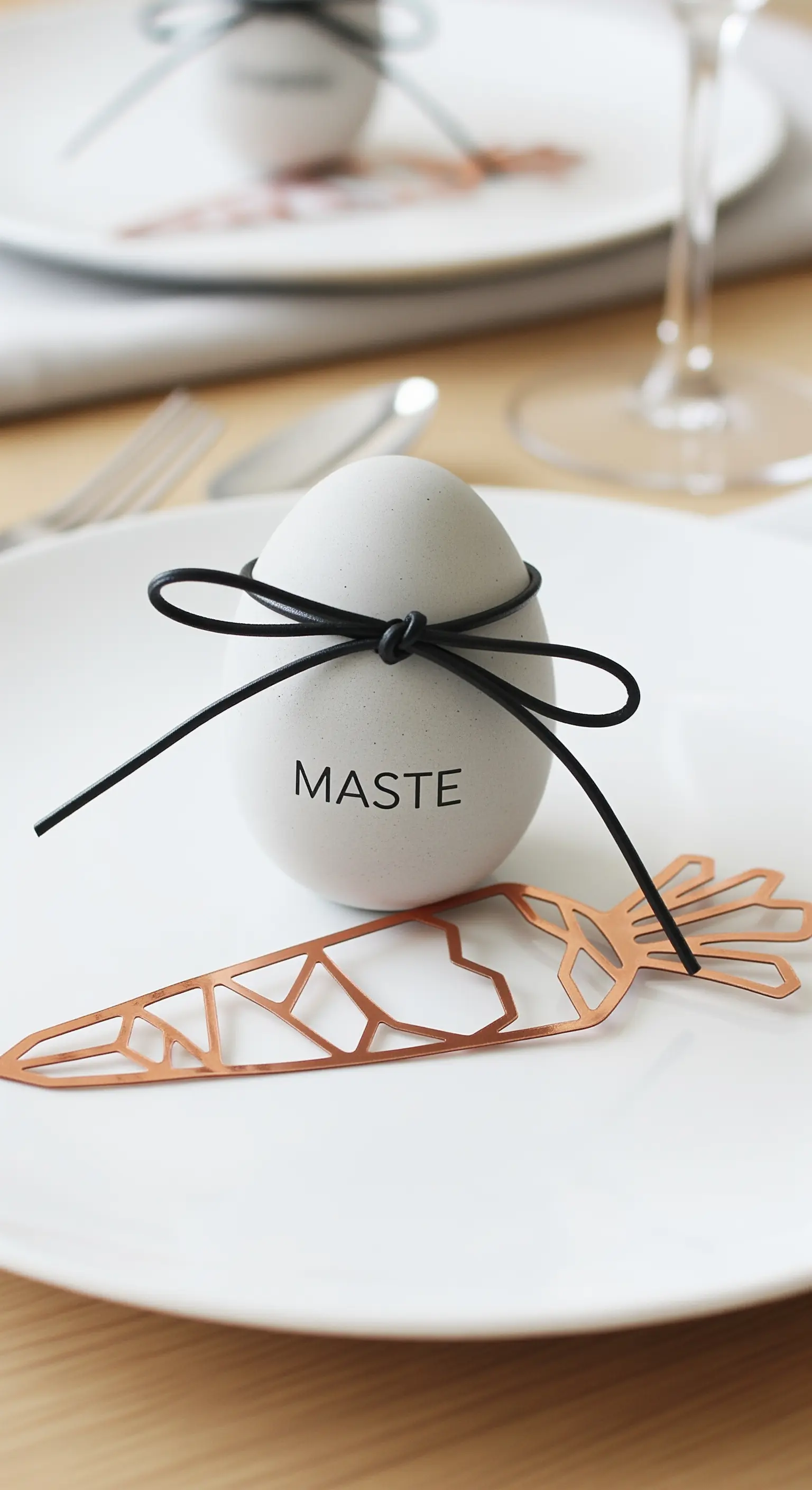 Segnaposto minimalista con uovo effetto cemento, laccio nero e carota geometrica in rame.