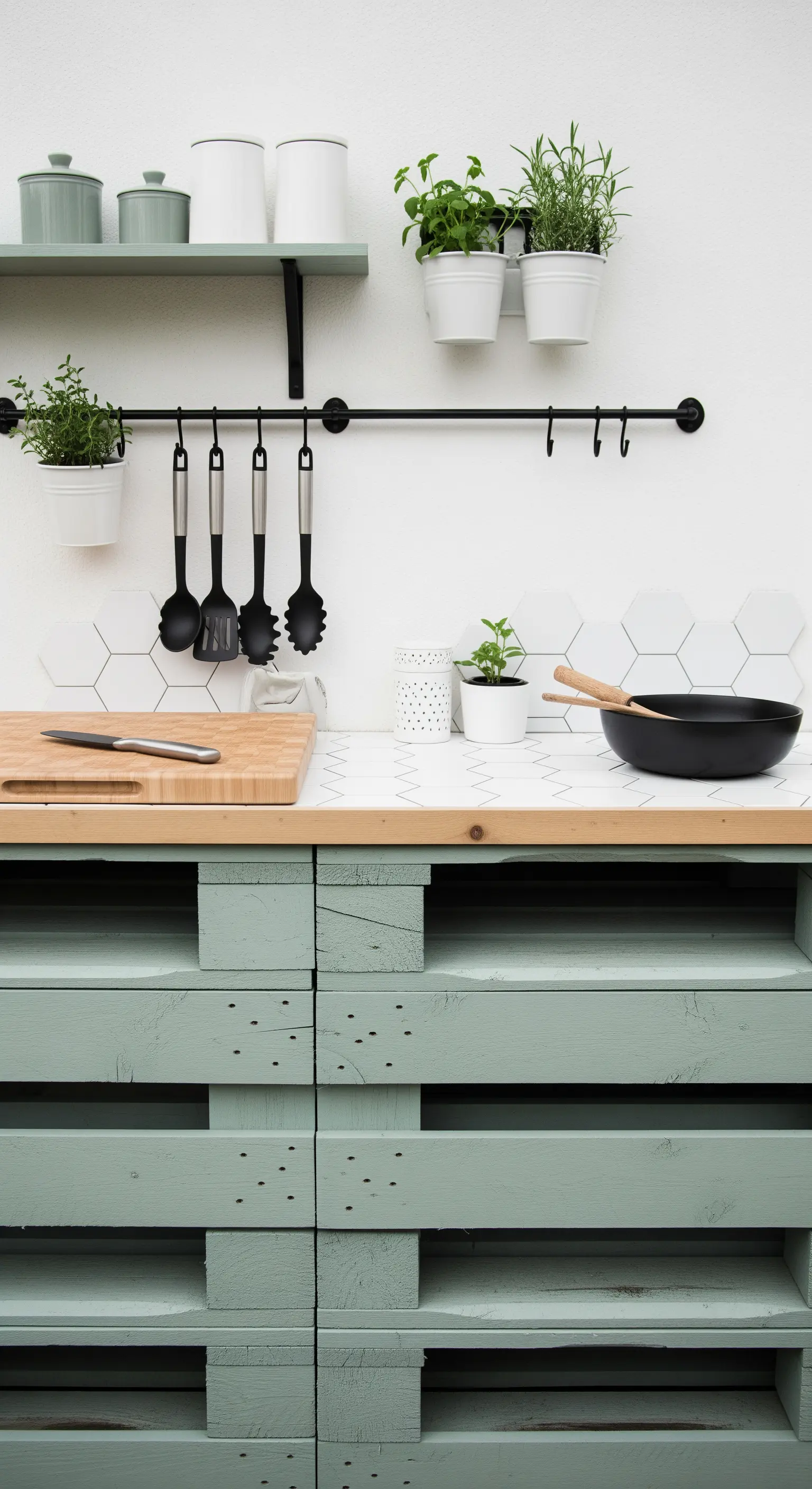 Cucina esterna fai-da-te con pallet verniciati di verde salvia e piano in piastrelle esagonali.