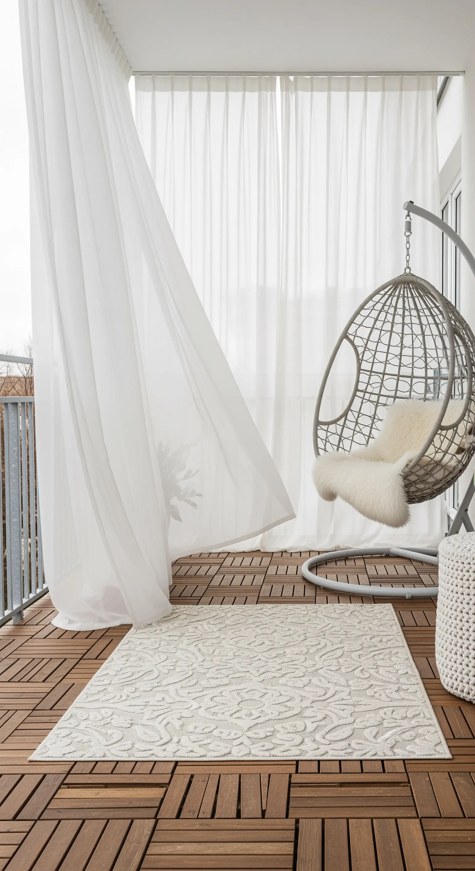 Balcone minimalista con pavimento in legno, poltrona sospesa e tenda bianca a tutta parete.