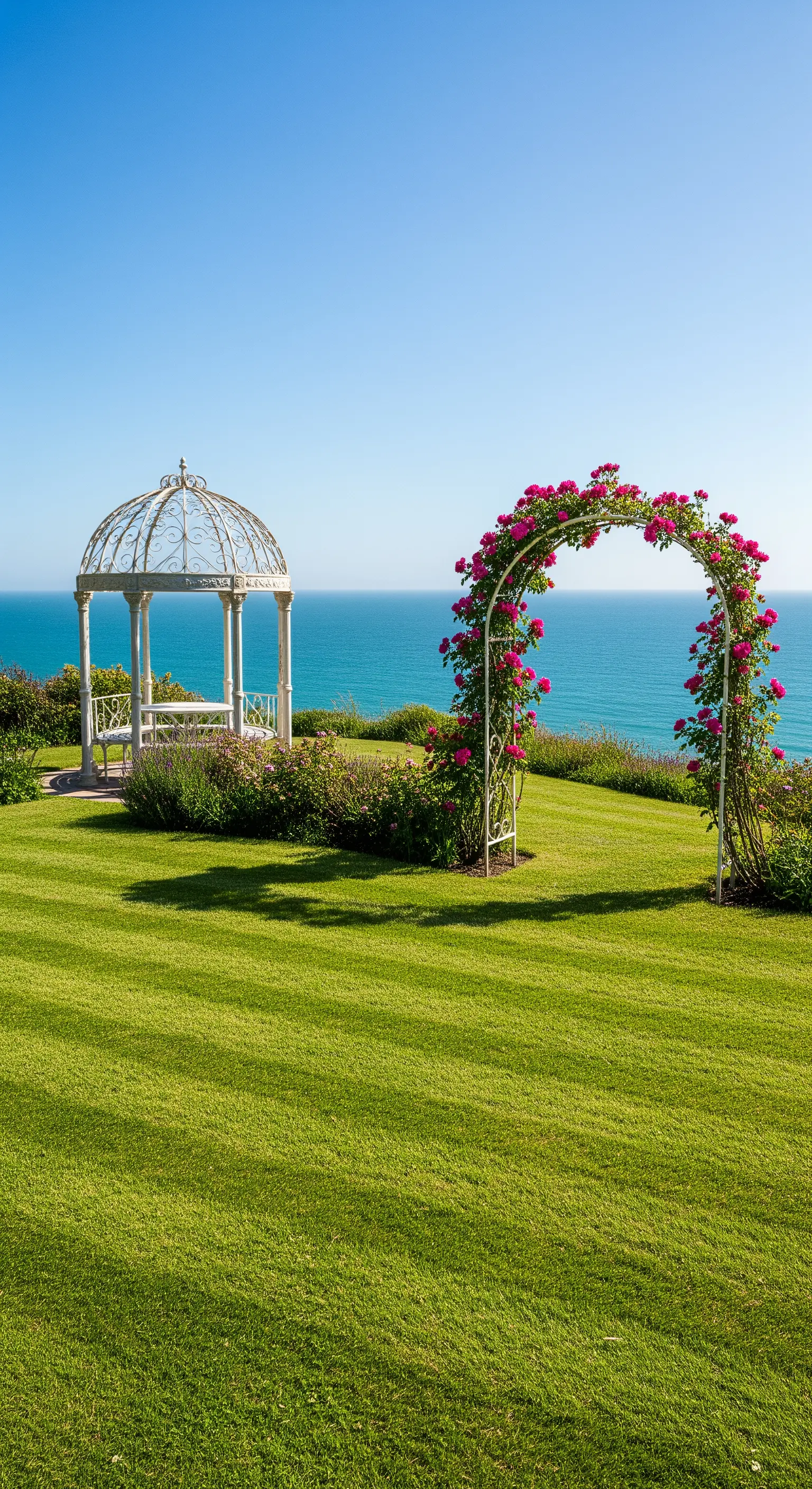 Gazebo e arco bianchi con rose fucsia su un prato affacciato sul mare.