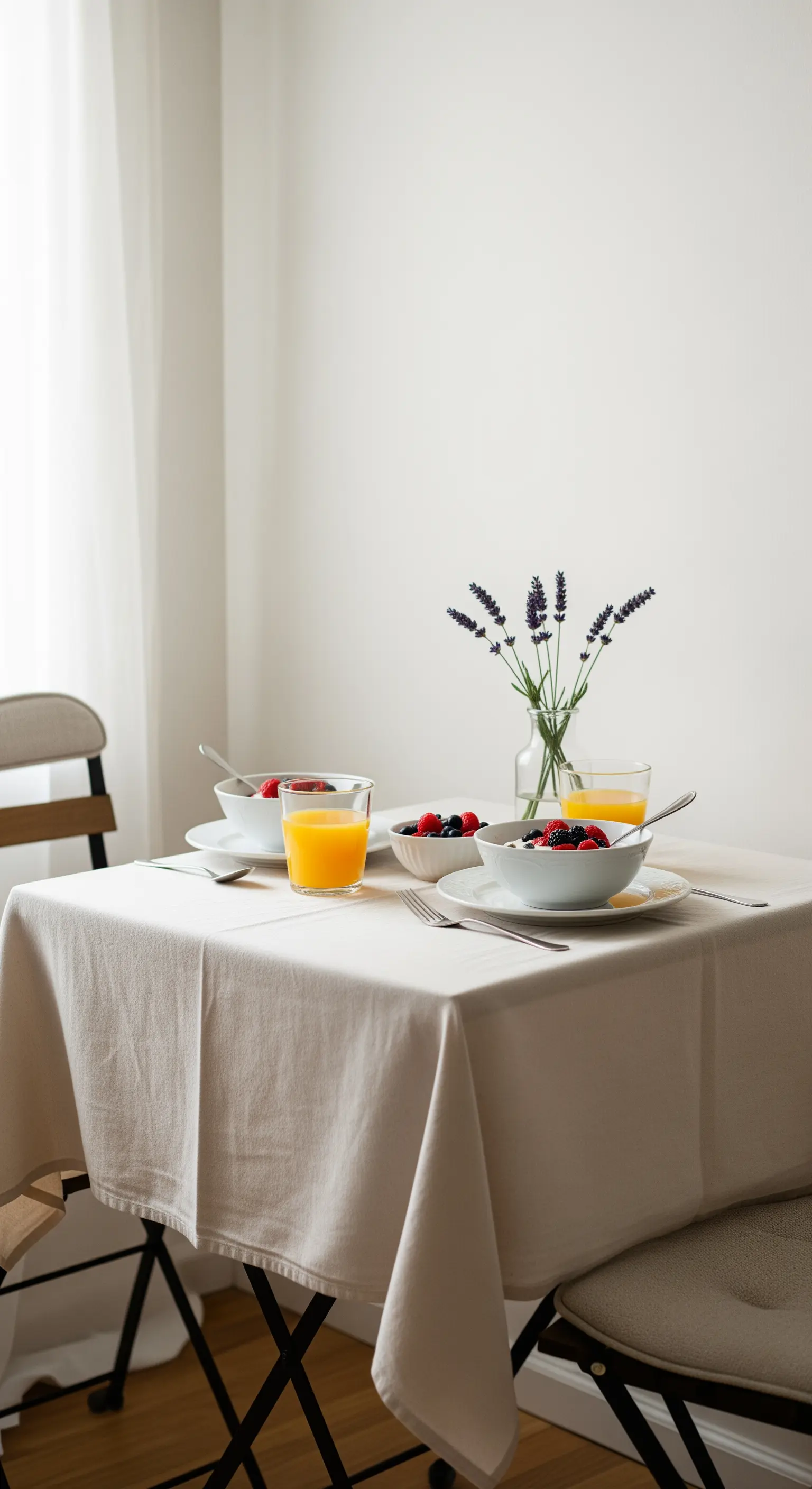 Tavolo per due con tovaglia neutra, ciotole di frutta e un vasetto di lavanda