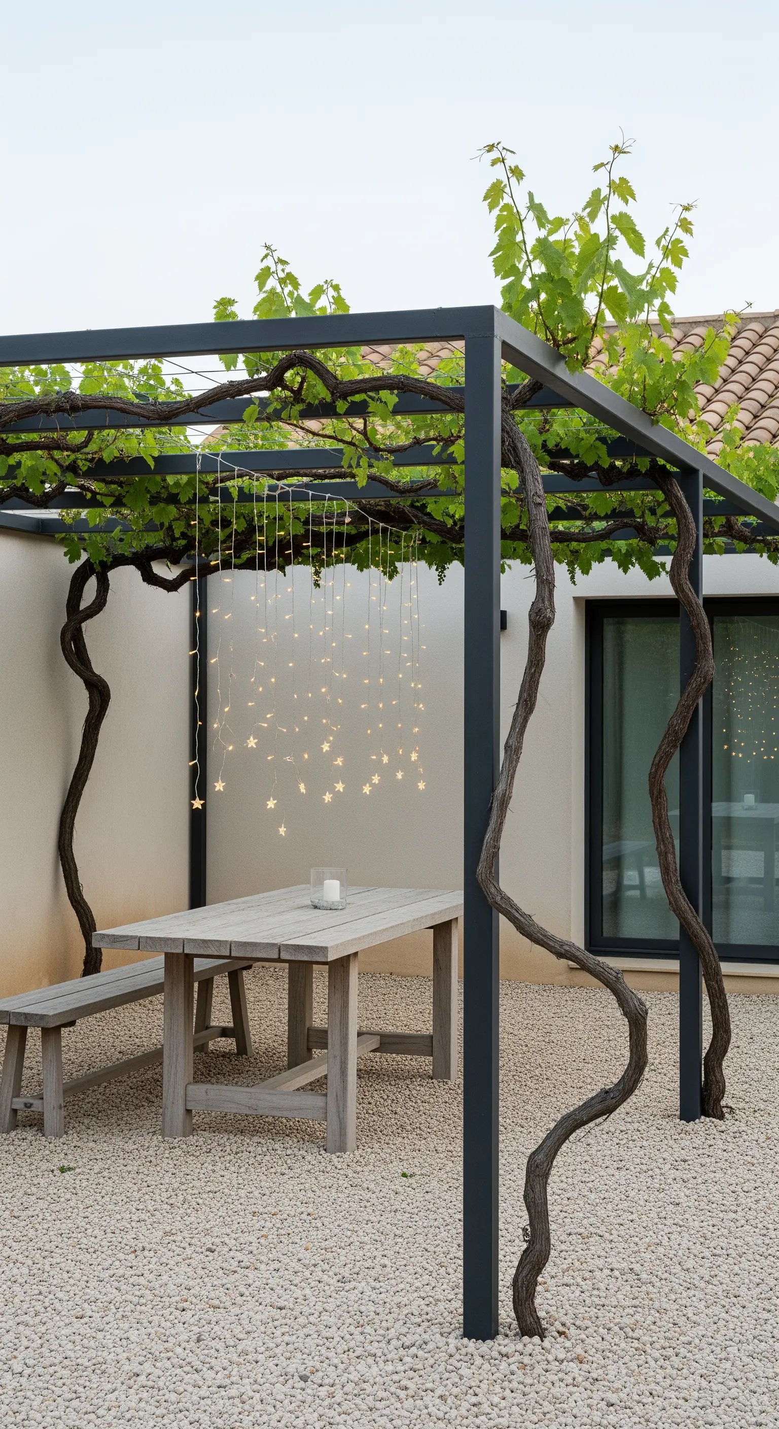 Pergola moderna e minimalista con una cascata di lucine a forma di stella.