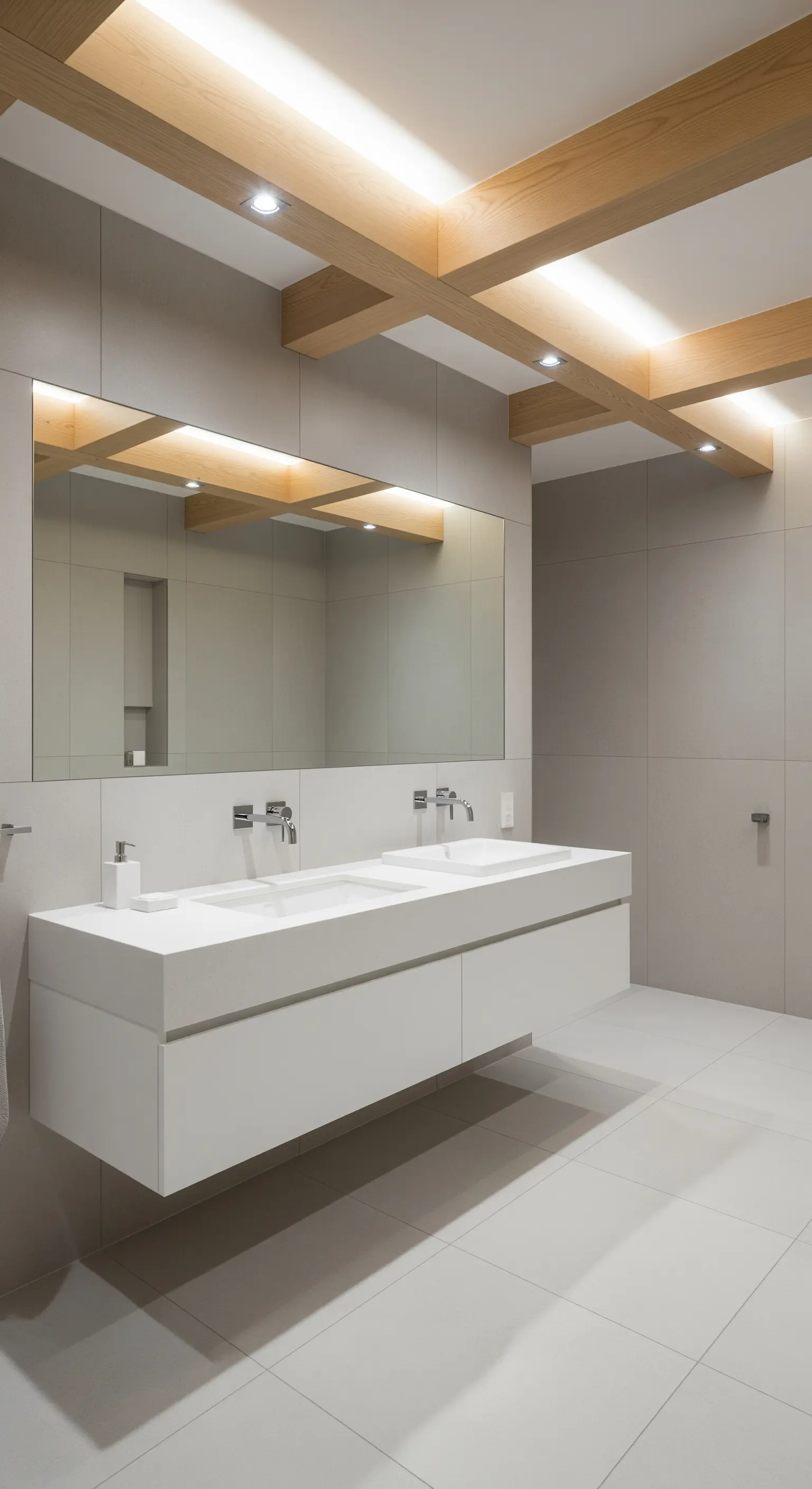 Bagno minimalista con travi in legno chiaro, mobile bianco sospeso e piastrelle grigie.