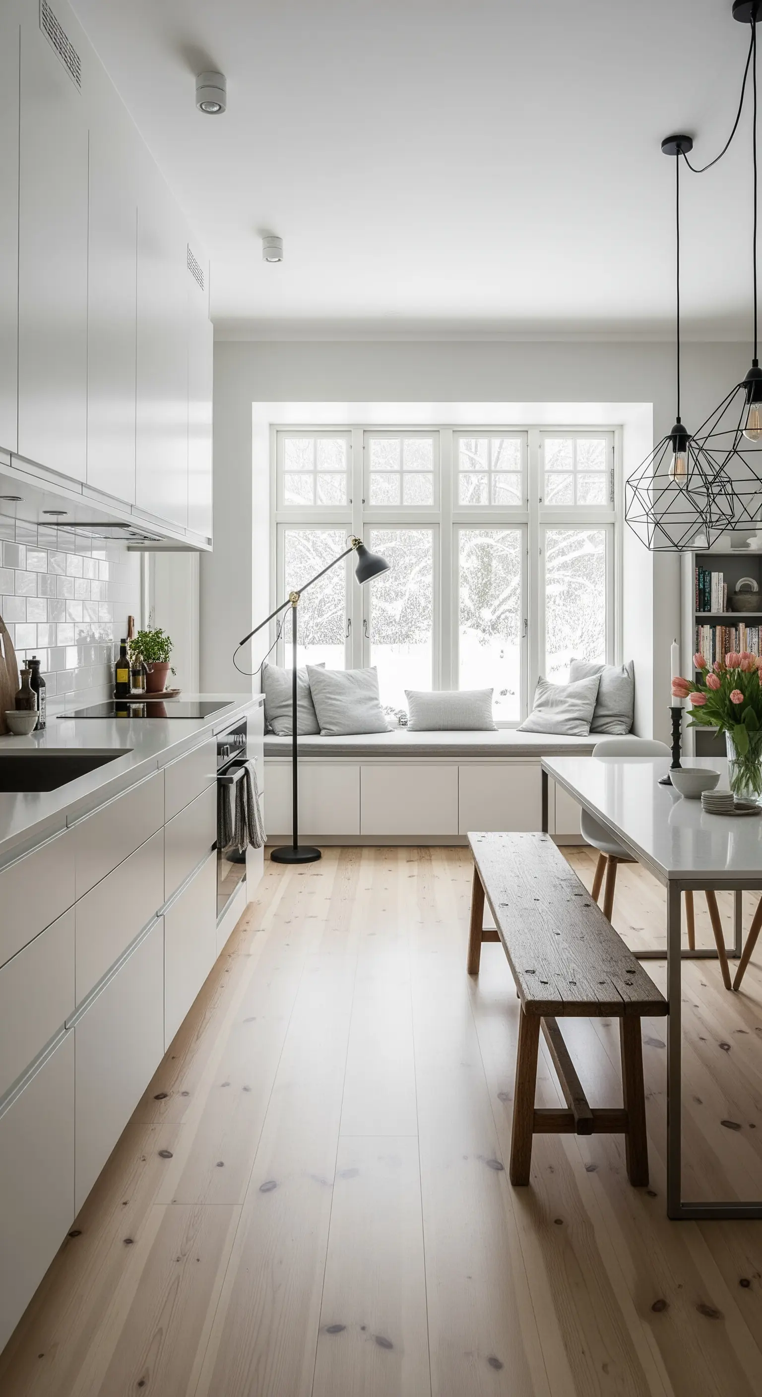 Cucina bianca minimalista con panca in legno grezzo e grande panca sottofinestra.