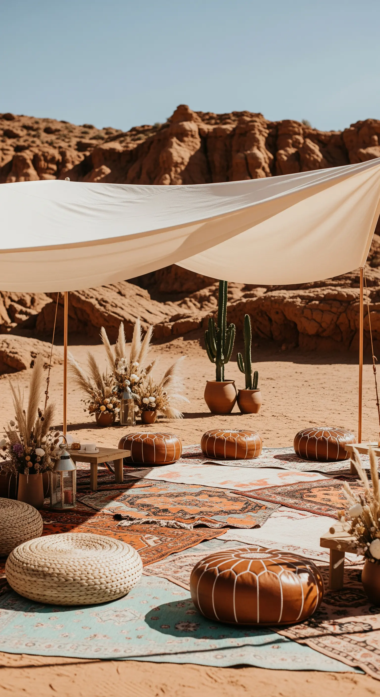 Allestimento boho nel deserto con telo teso, tappeti e pouf color cuoio, e cactus.