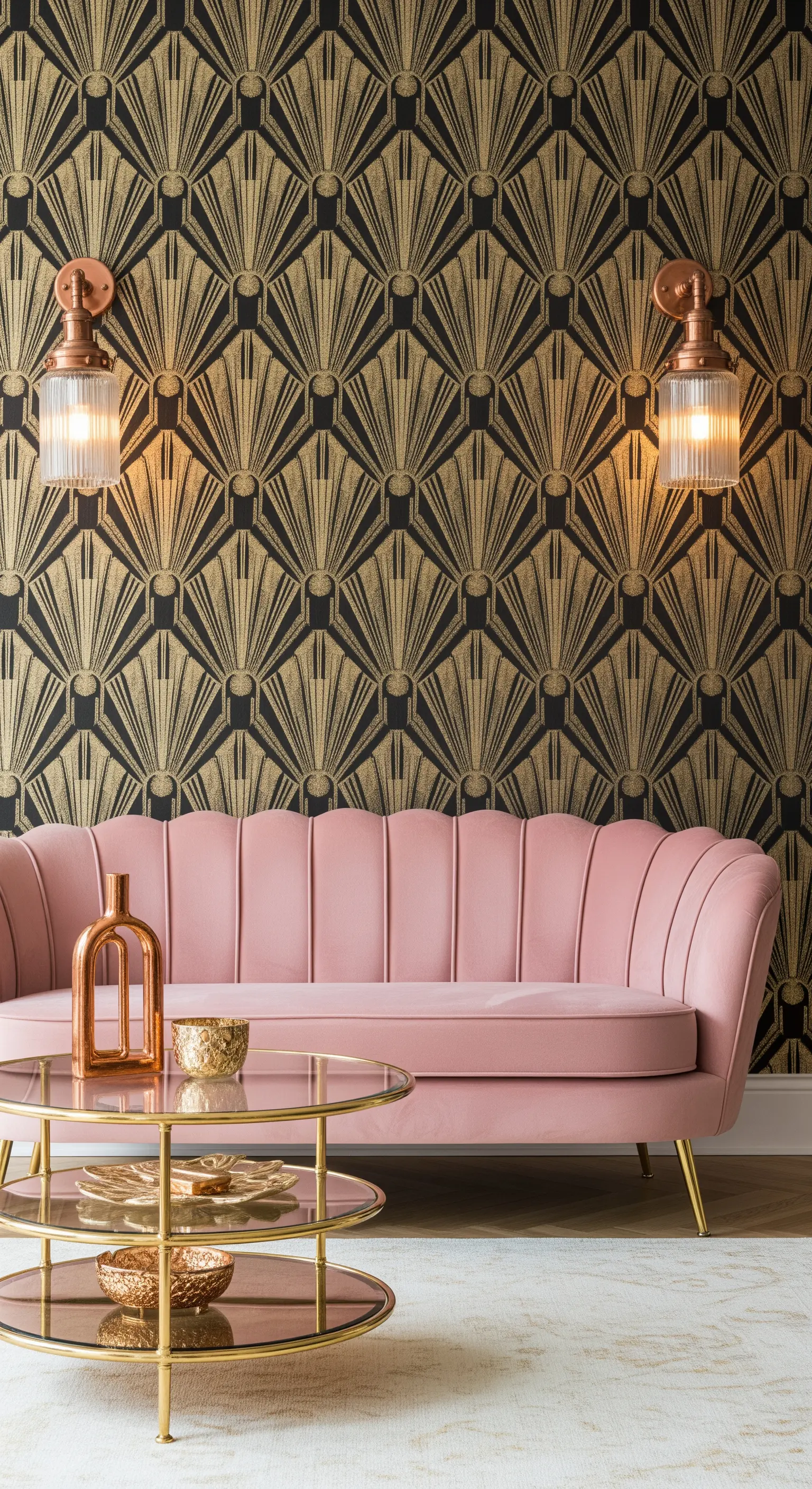 Salotto Art Deco con carta da parati oro, divano rosa e accenti in rame e ottone.