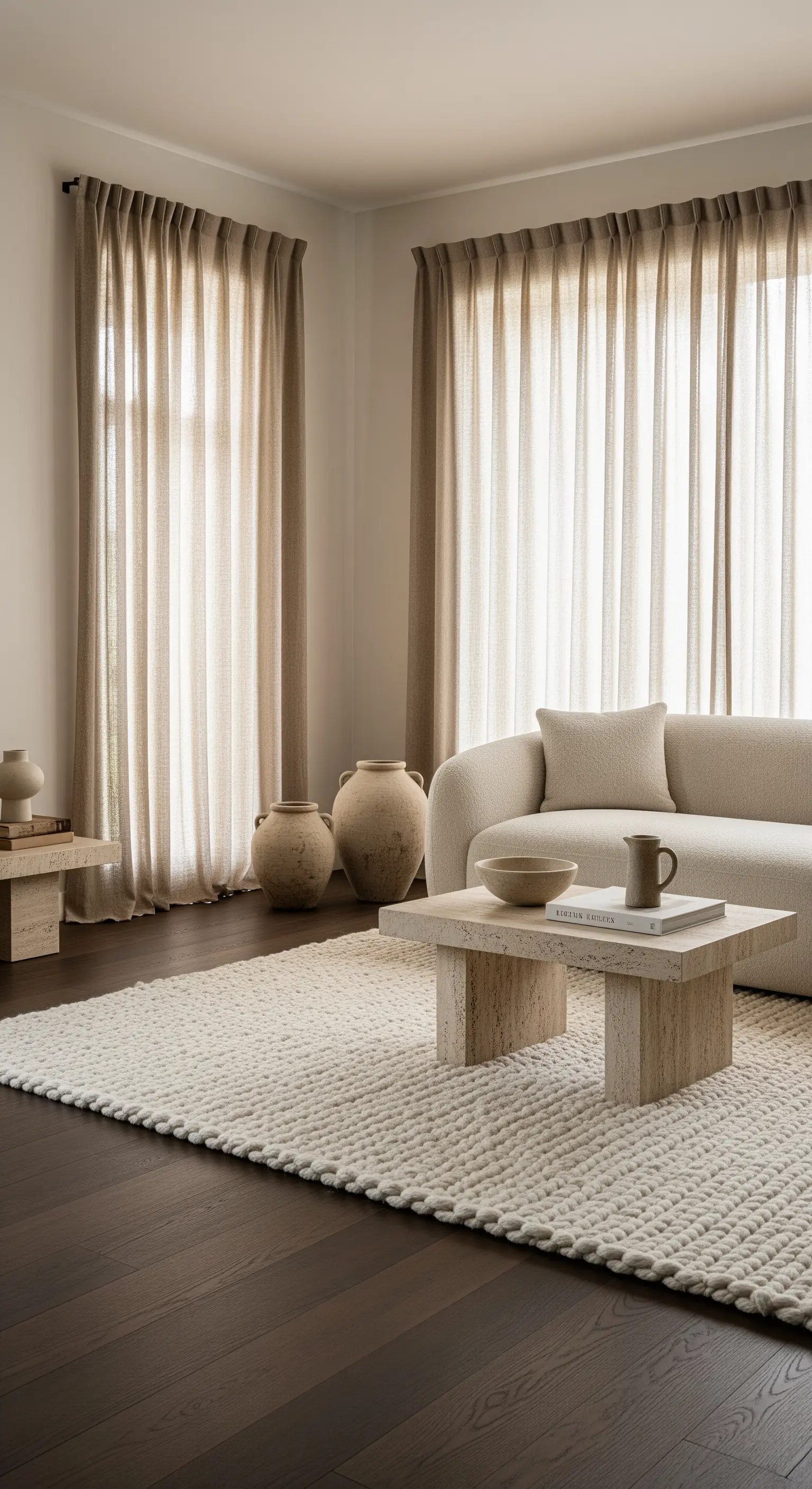 Soggiorno minimalista con pavimento scuro, tappeto in lana grezza e divano in bouclé