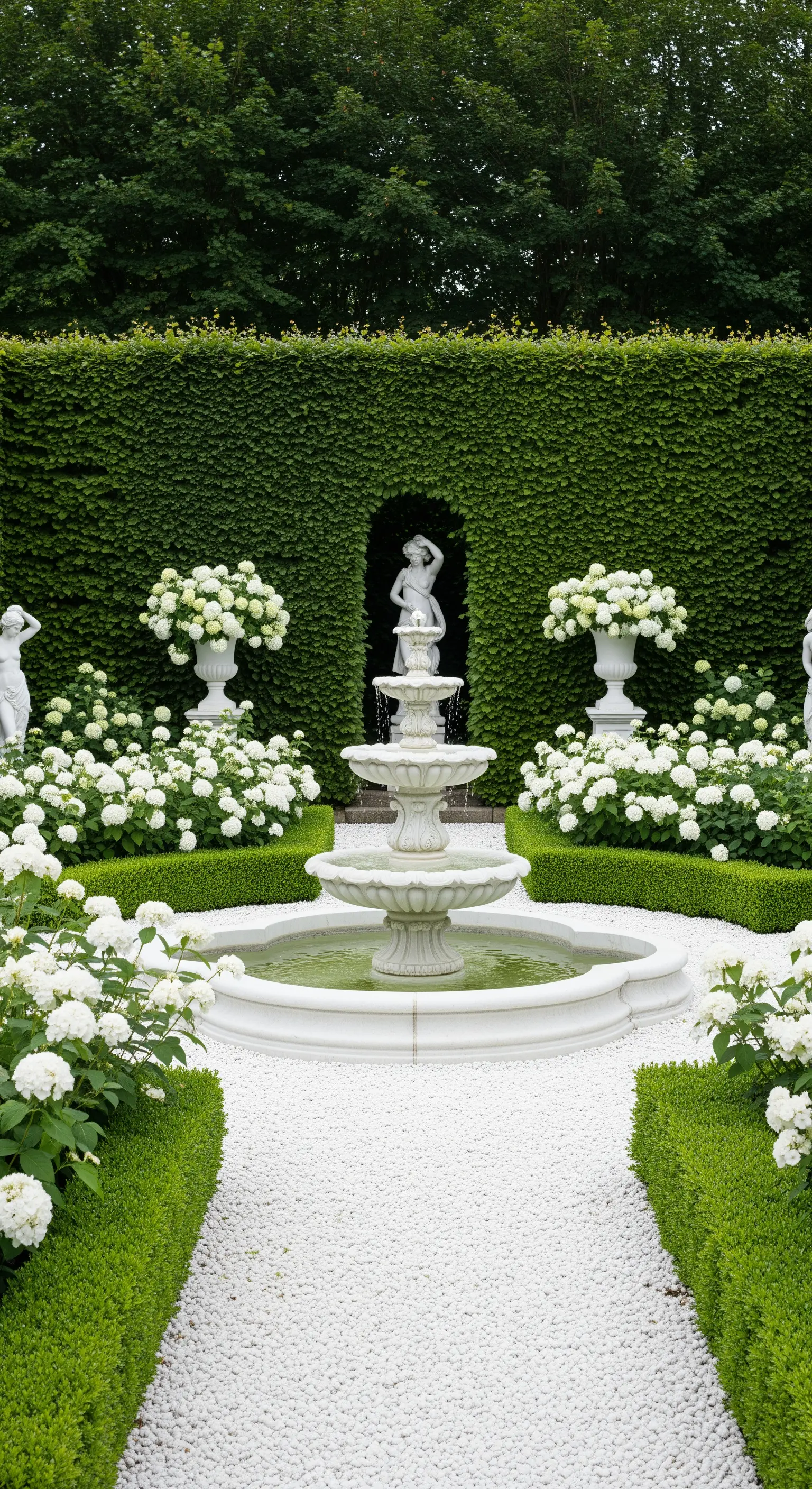 Giardino monocromatico con fontana bianca, ortensie bianche e sentieri di ghiaia chiara.