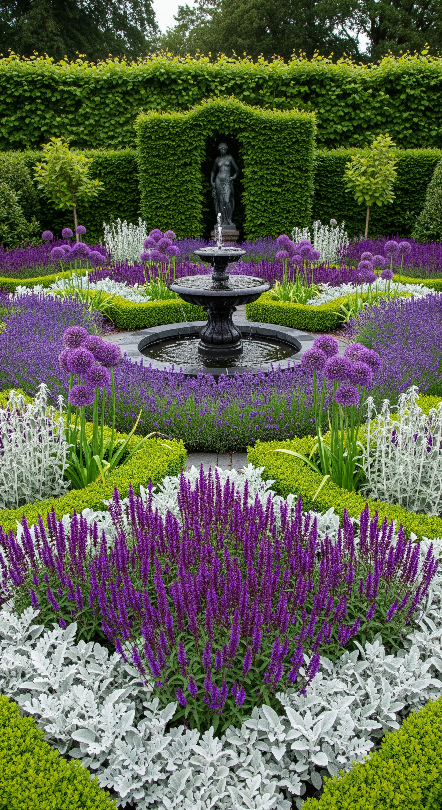 Giardino con aiuole di fiori viola (allium, salvia) attorno a una fontana scura.