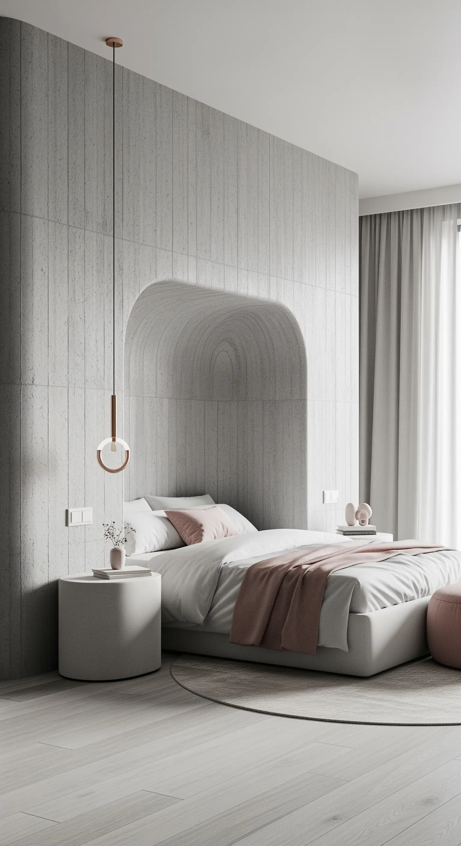 Letto inserito in una nicchia ad arco ricavata in una parete di cemento a coste verticali.