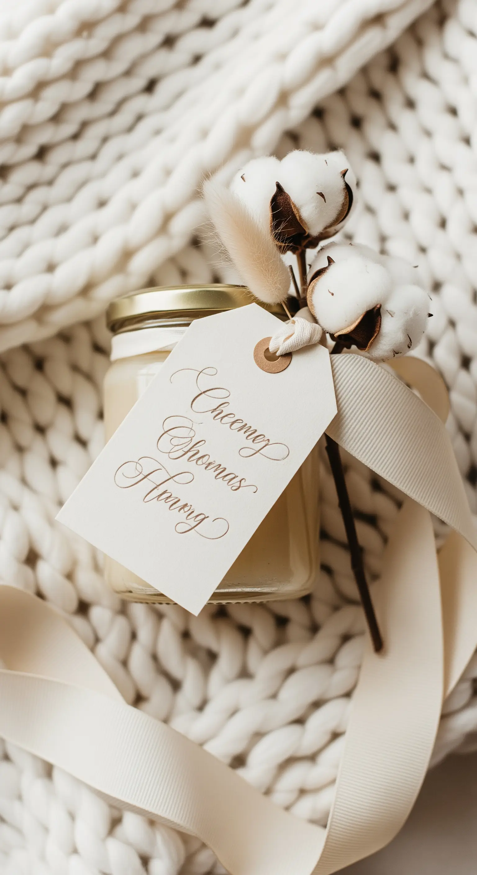 Vasetto di miele bianco decorato con fiori di cotone e un nastro color crema.