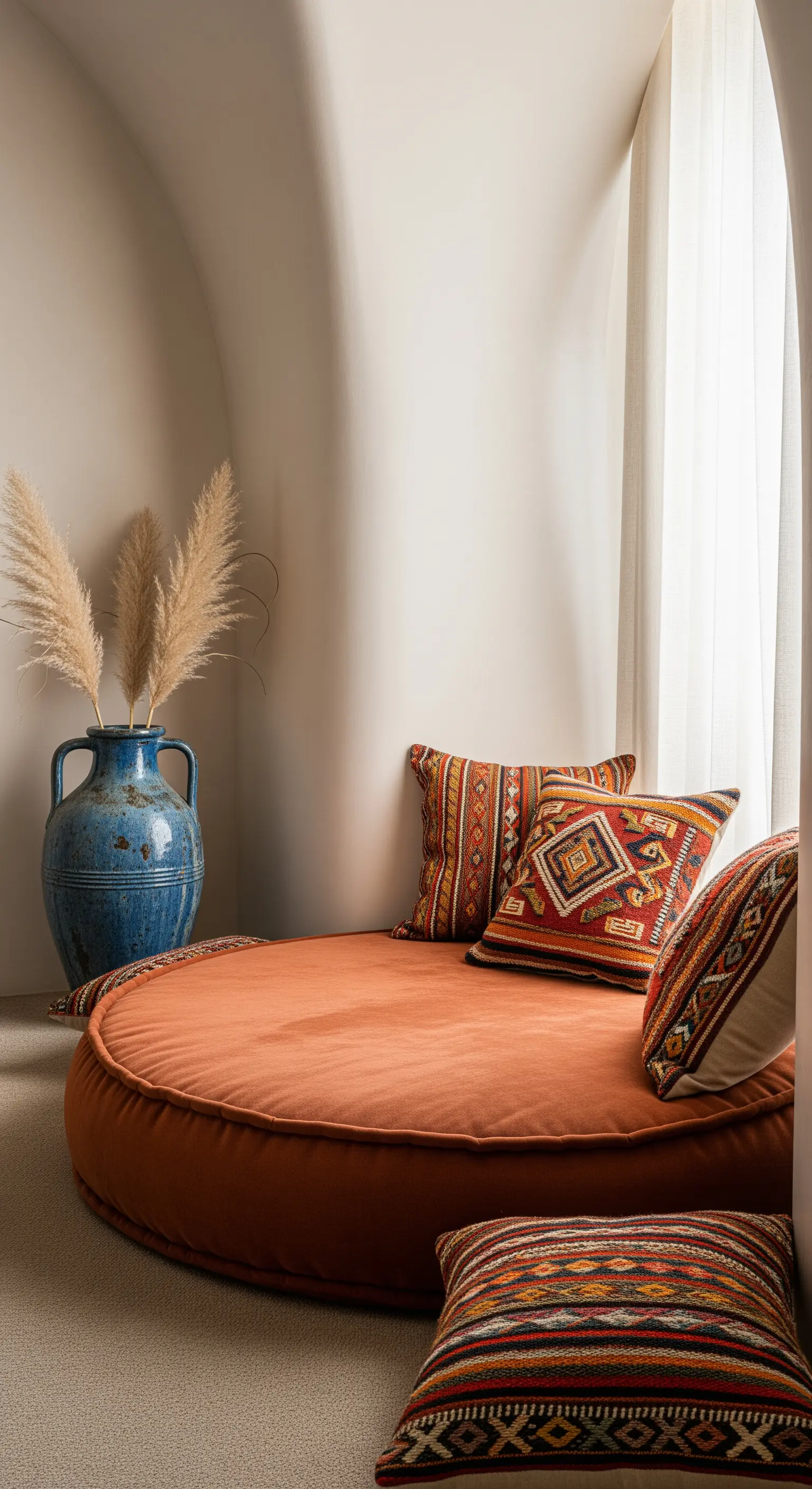 Seduta rotonda color terracotta in una nicchia, con cuscini kilim e un vaso con erba della pampas.