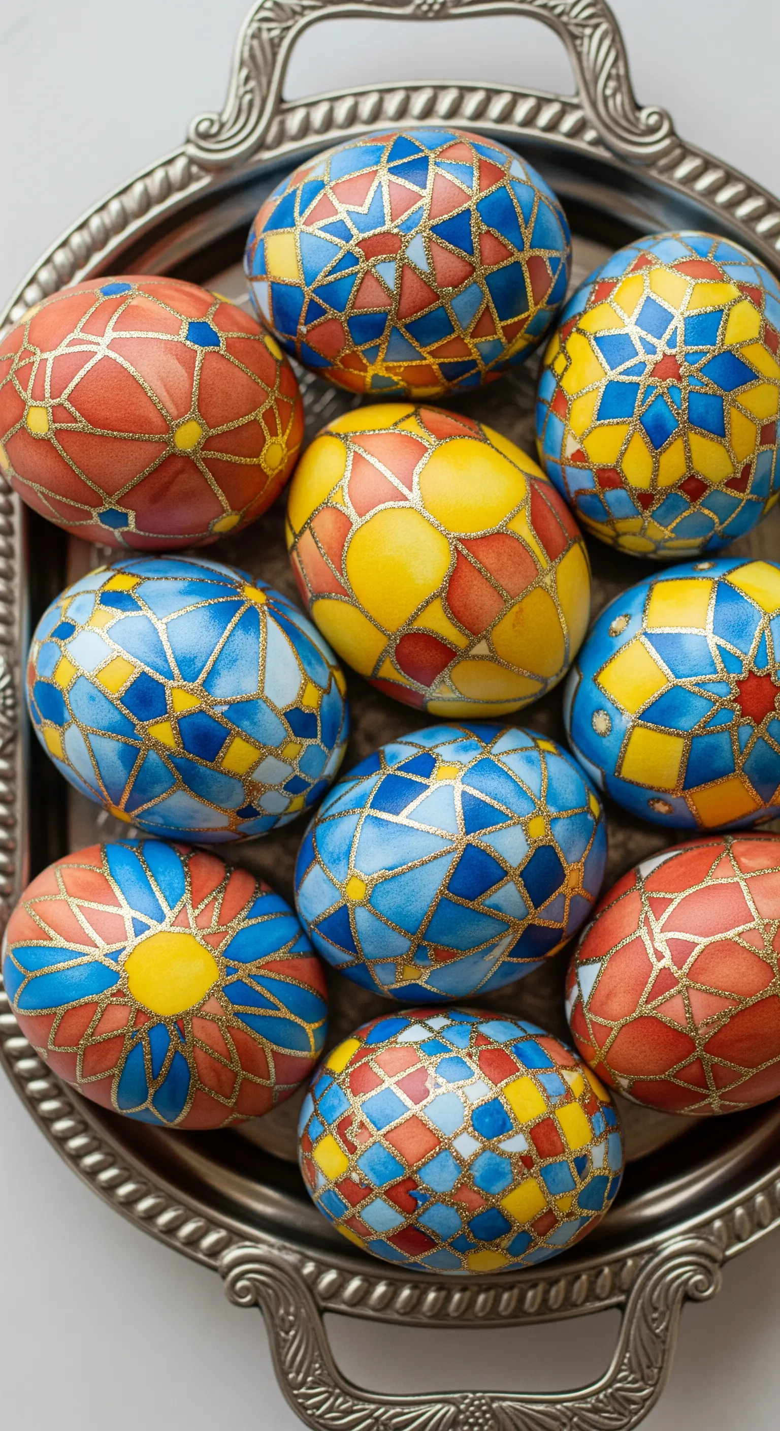 Uova decorate con un motivo a mosaico colorato e linee dorate a dividere le sezioni.
