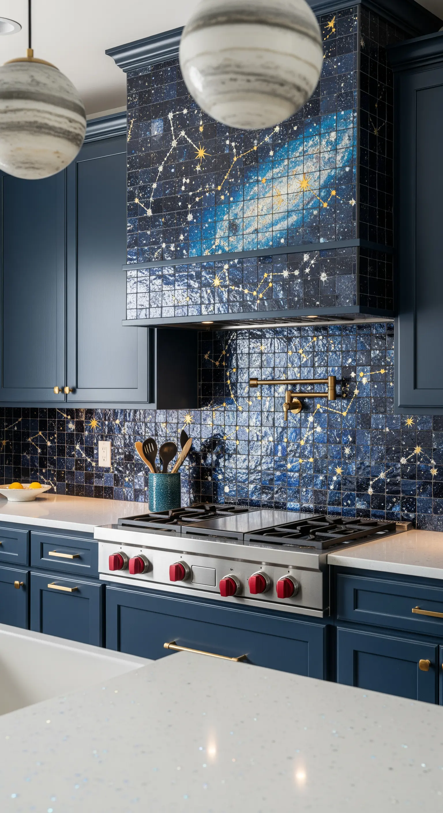 Paraschizzi e cappa rivestiti con mosaico blu scuro a tema costellazioni.