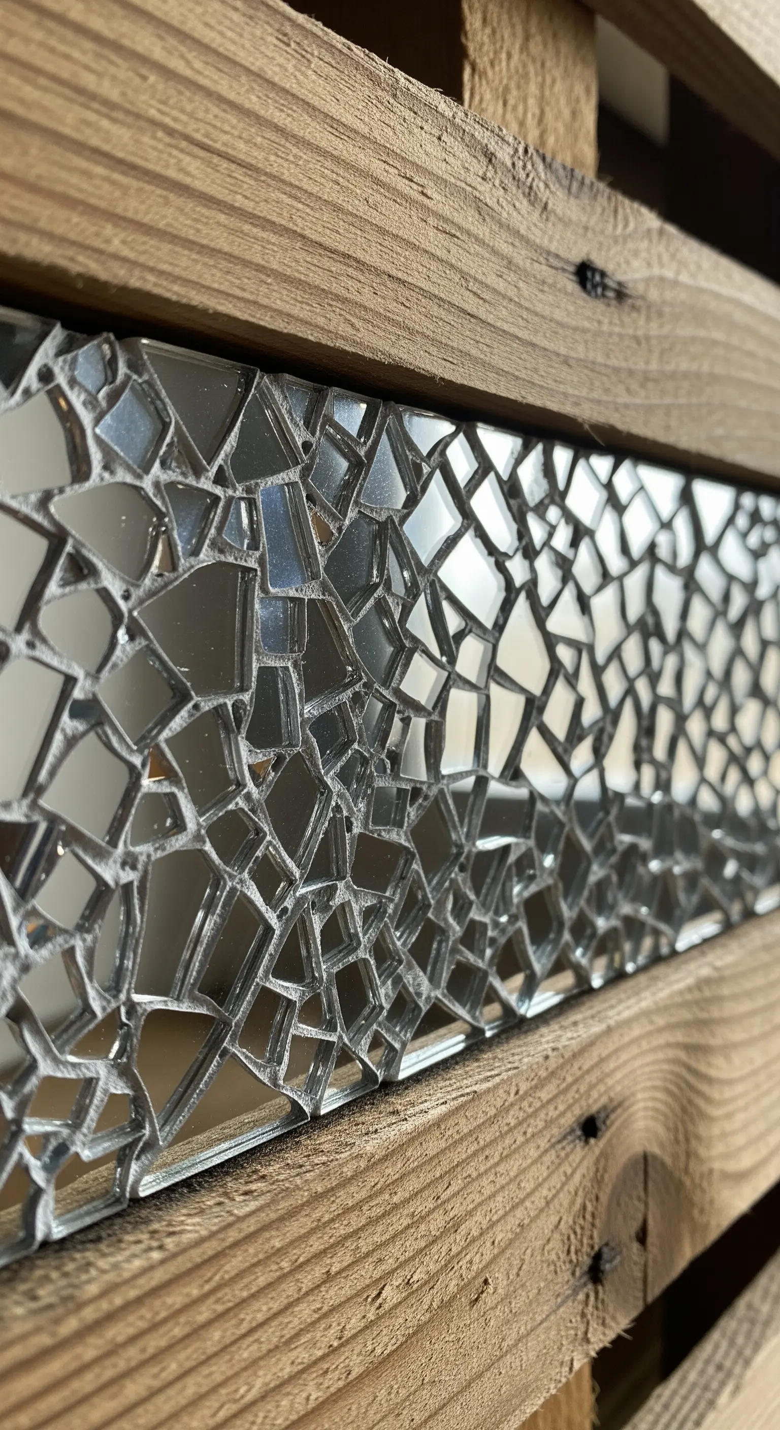 Dettaglio di un inserto a mosaico realizzato con frammenti di specchio incastonati nel legno di un pallet.