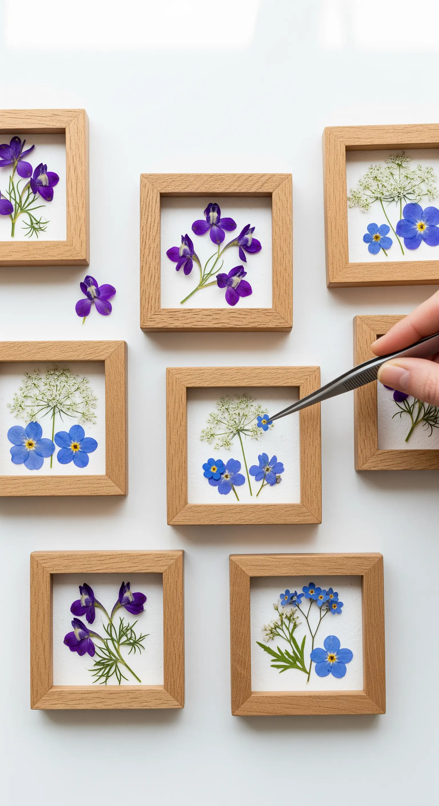 Una griglia di piccole cornici in legno chiaro con fiori di campo viola e blu pressati.