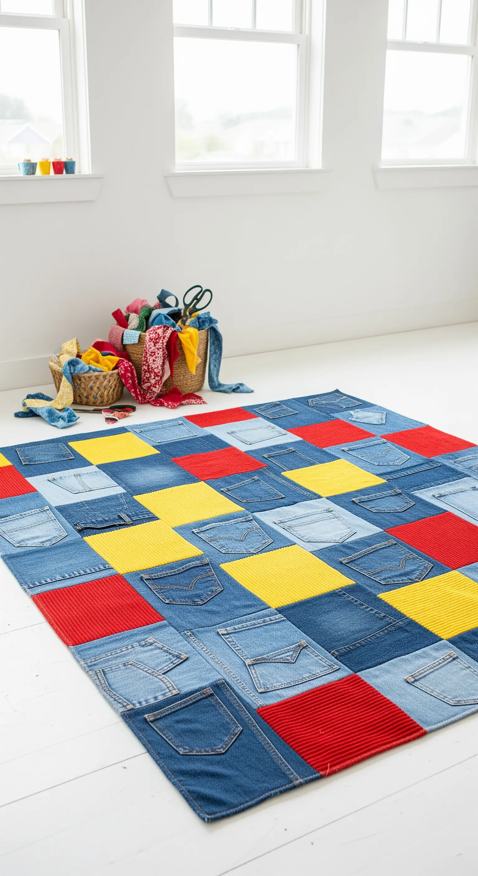 Tappeto patchwork rettangolare realizzato con tasche di jeans e quadrati di tessuto rosso e giallo