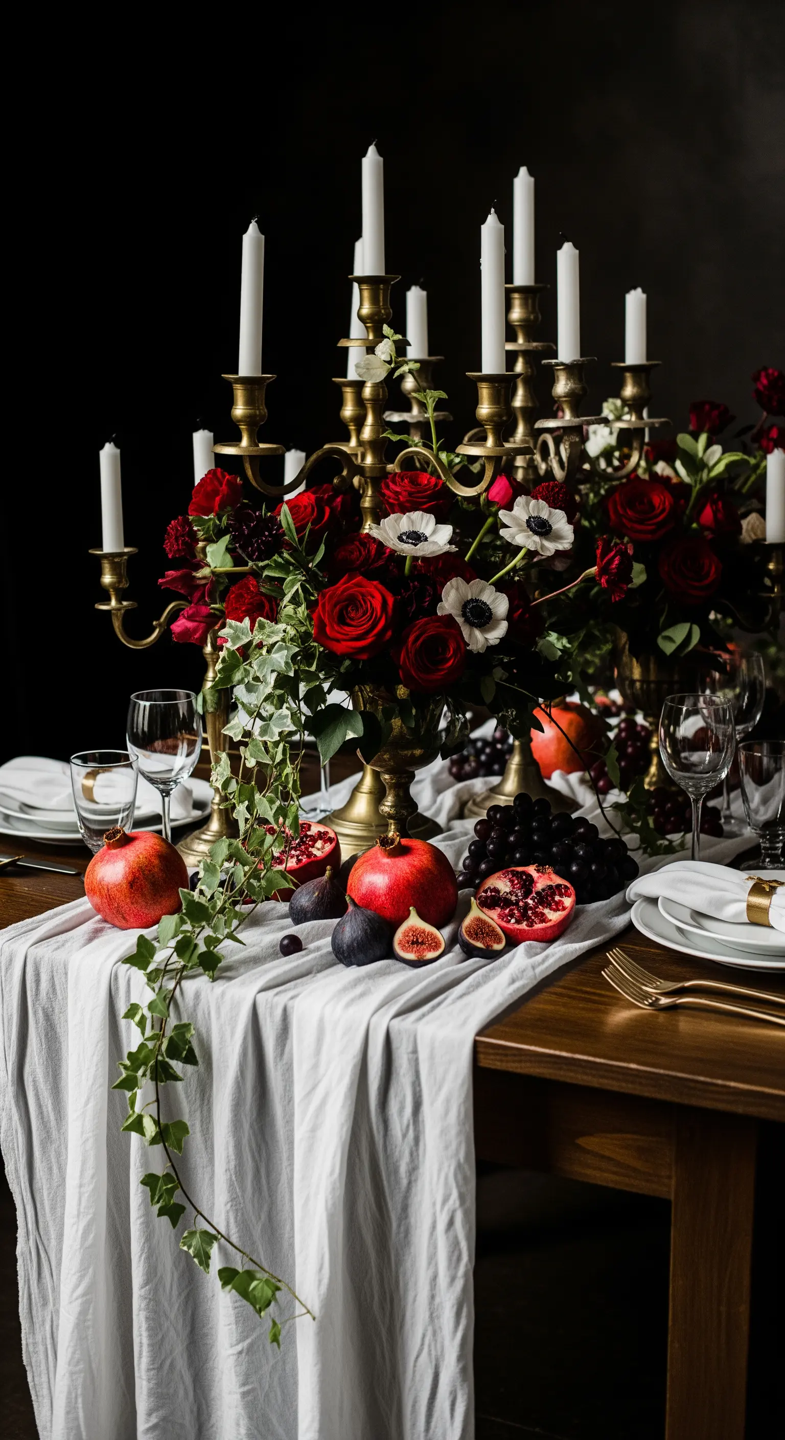 Tavola drammatica con fiori rossi, frutta scura, edera cascante e candelabro dorato.