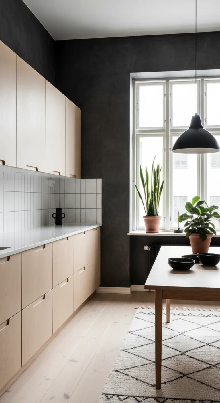 Cucina scandinava con parete nera materica, mobili in legno chiaro e piastrelle bianche verticali.