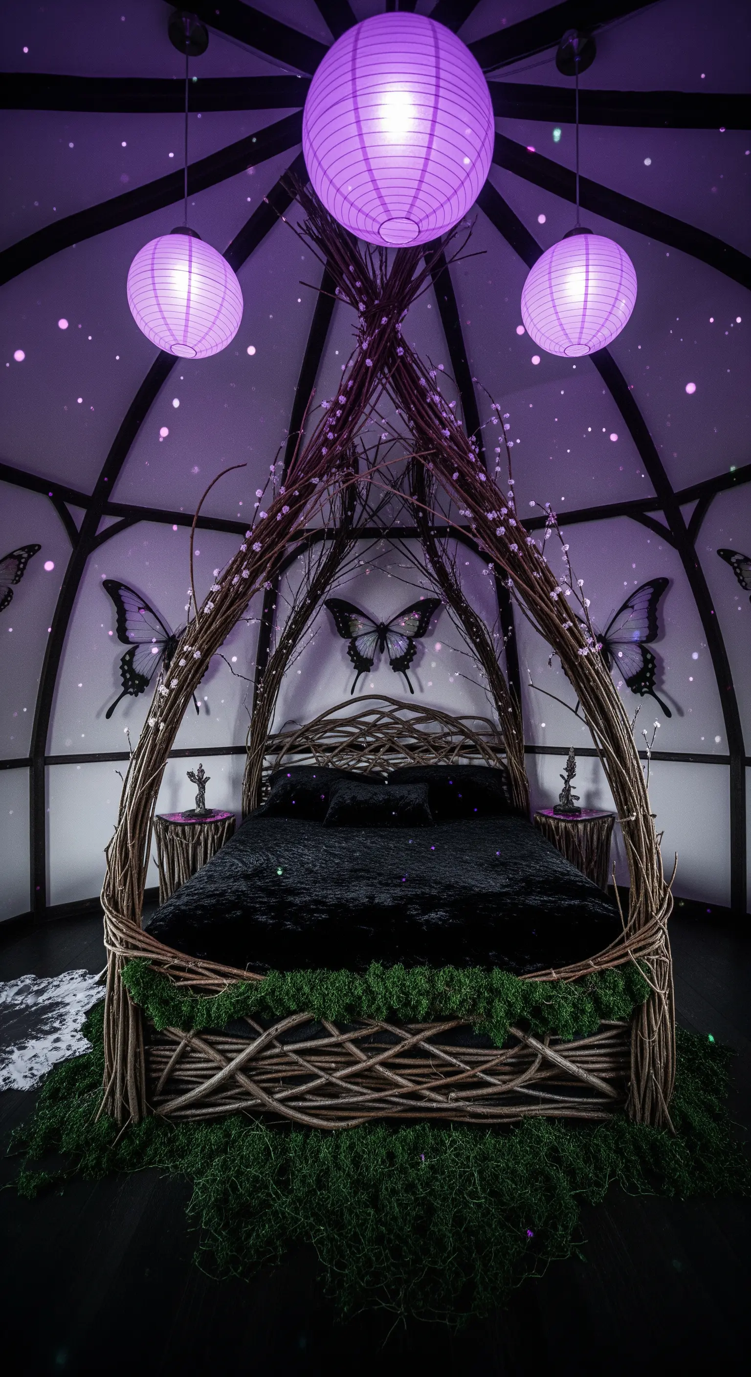 Letto-nido fatto di rami, decorato con lanterne di carta viola e farfalle.