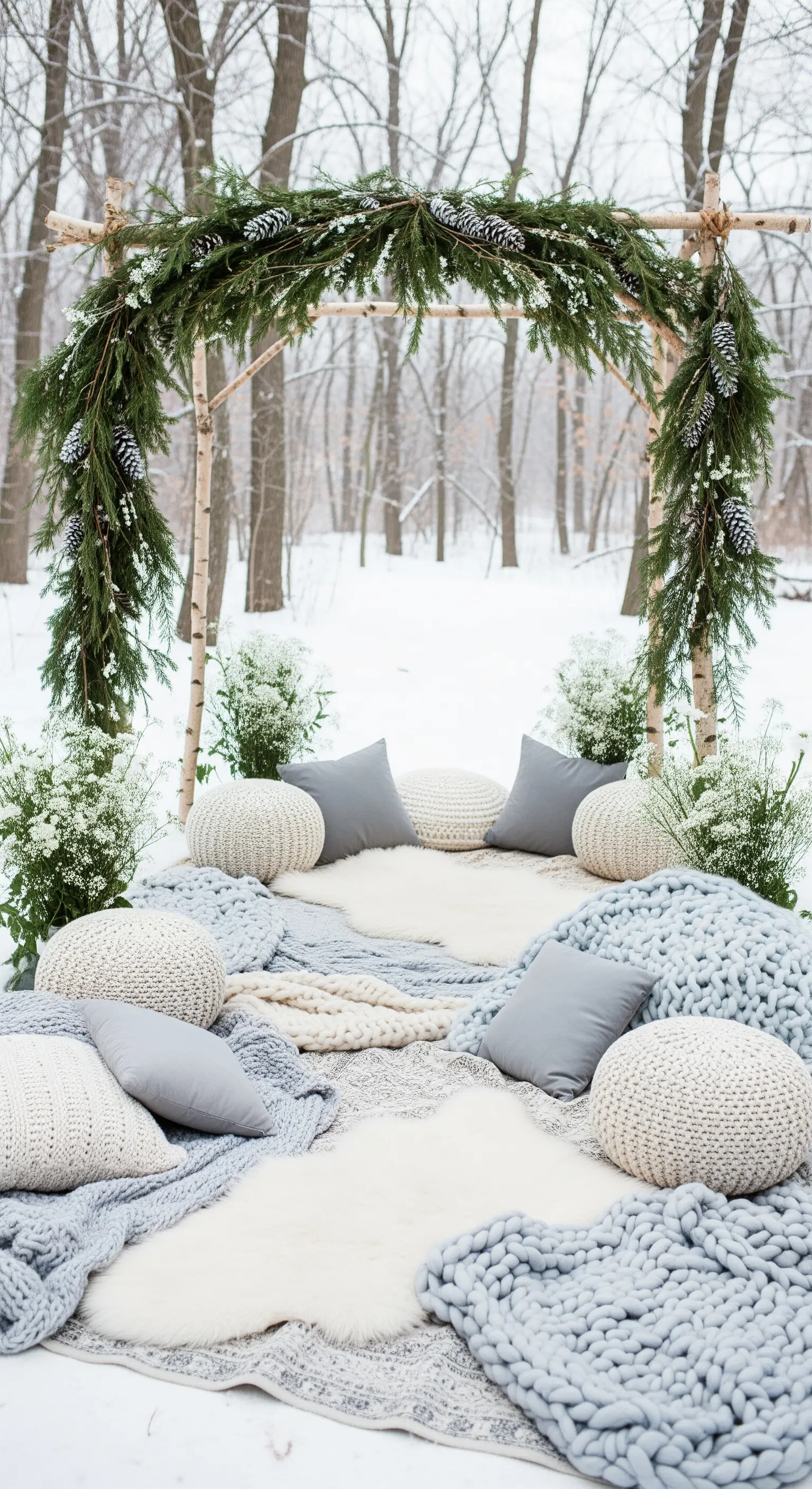 Arco di betulla nella neve decorato con coperte di lana a maglia grossa e pelliccia sintetica.