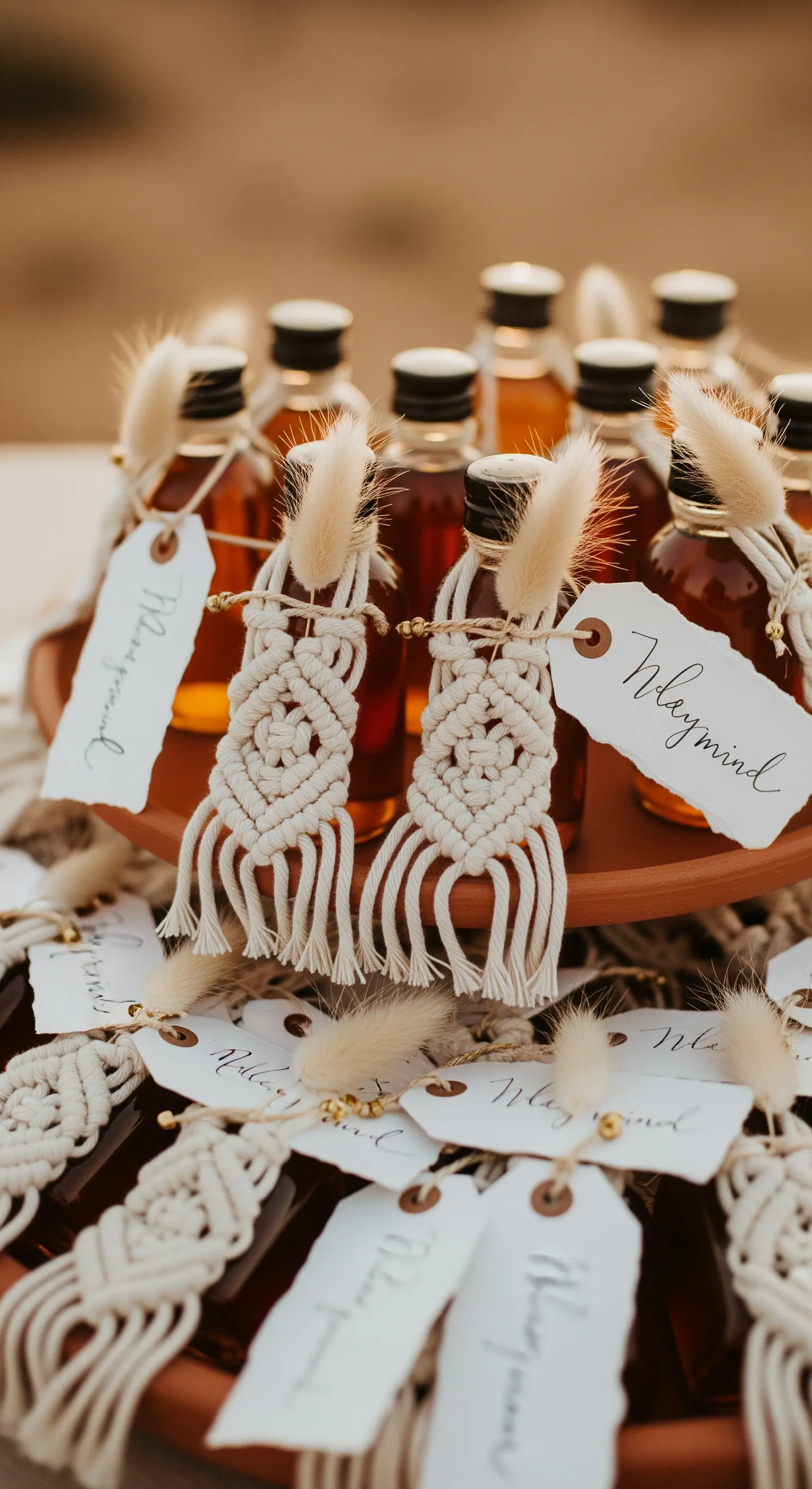 Bomboniere di liquore ambrato decorate con piccoli lavori in macramè e fiori secchi.