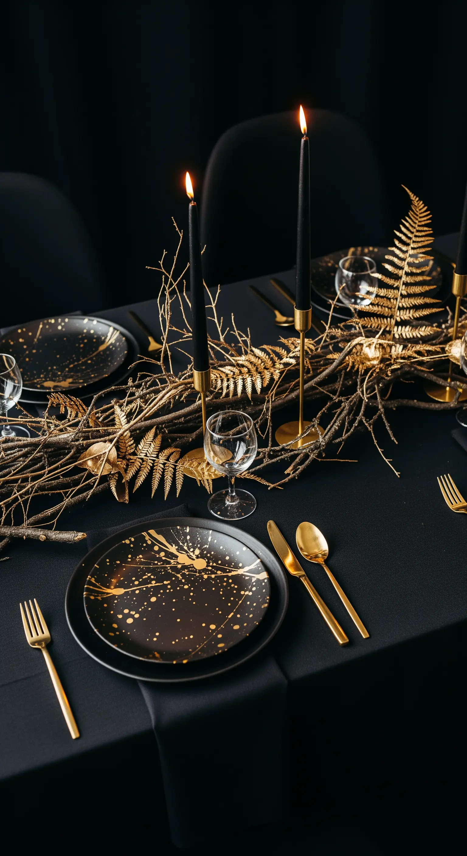 Tavola total black con piatti neri e oro, rami dorati e candele nere.