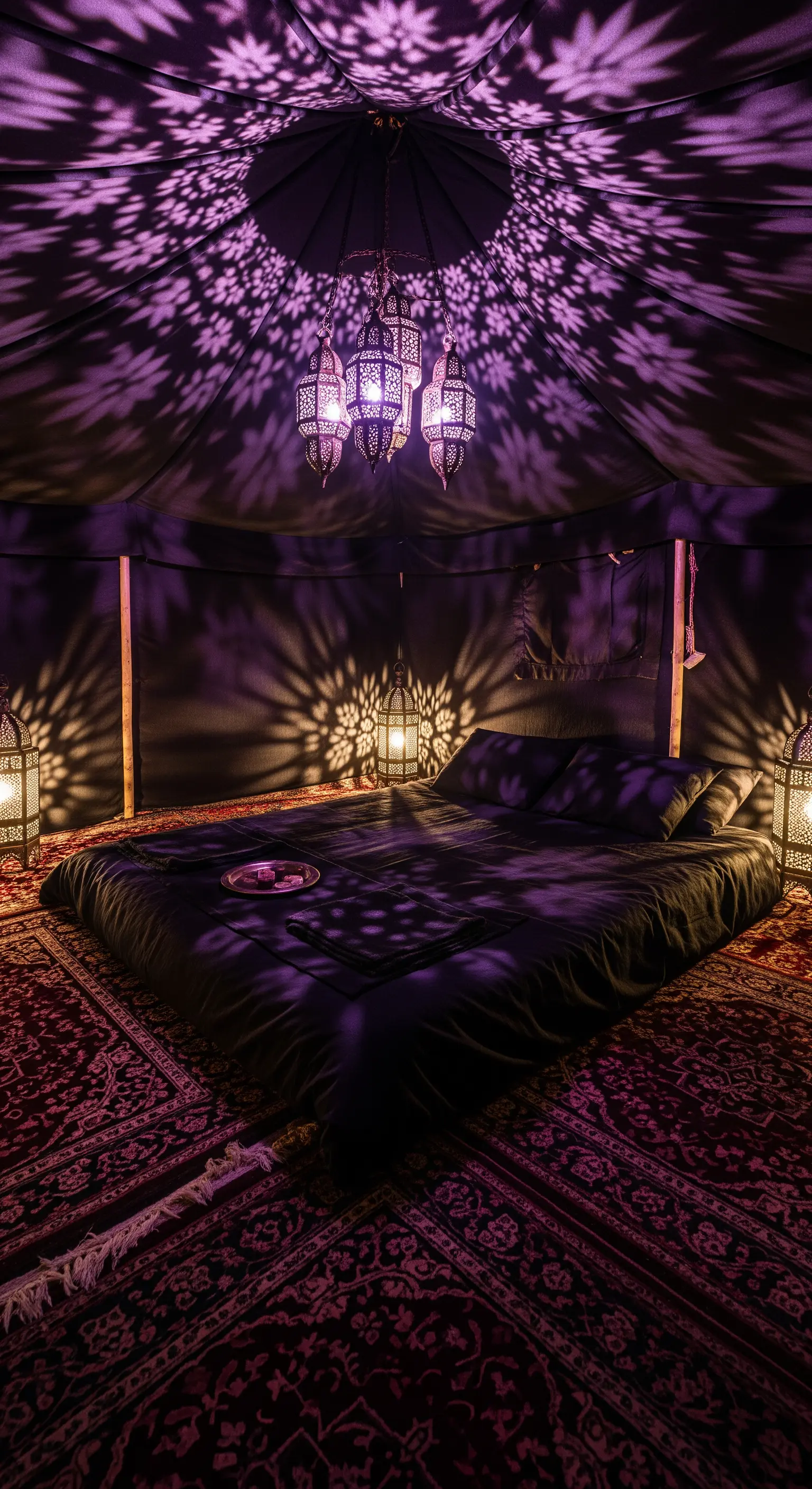 Letto basso in una tenda marocchina, illuminata da lanterne che proiettano motivi viola.