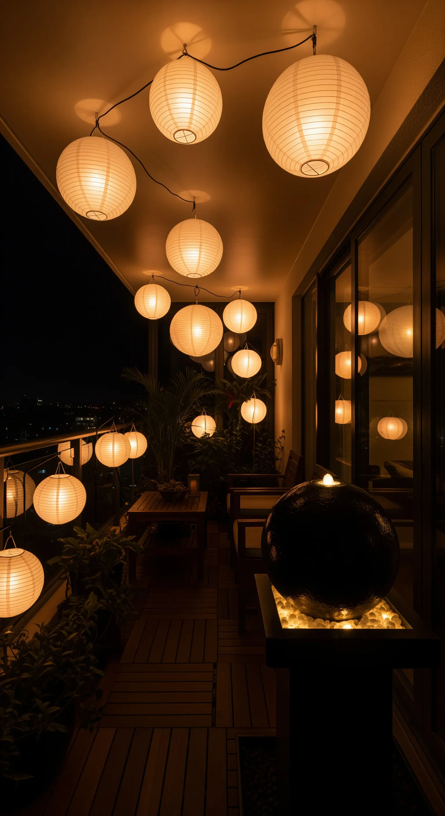 Balcone di notte illuminato da numerose lanterne di carta appese e una fontana illuminata.