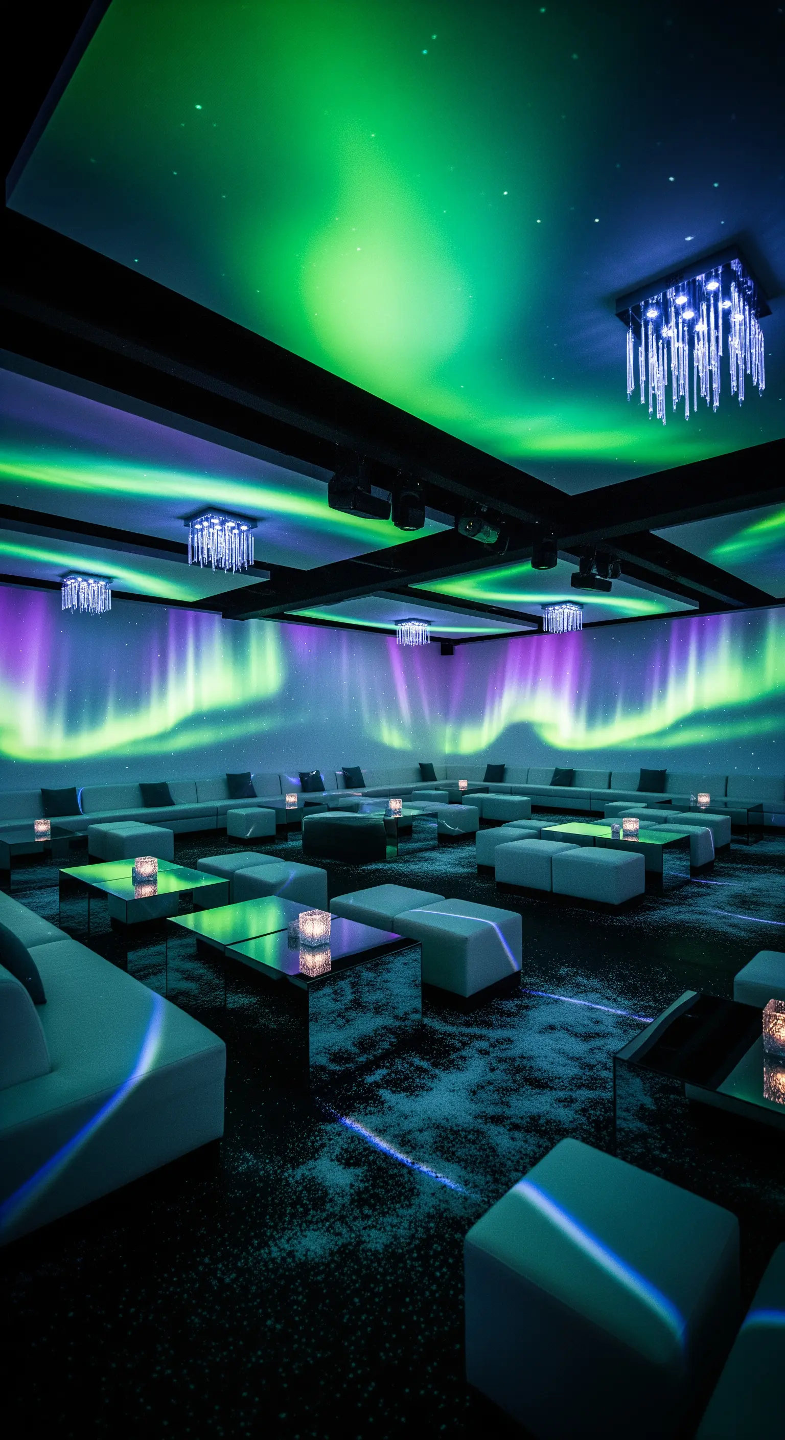 Lounge con proiezione di un'aurora boreale su pareti e soffitto.