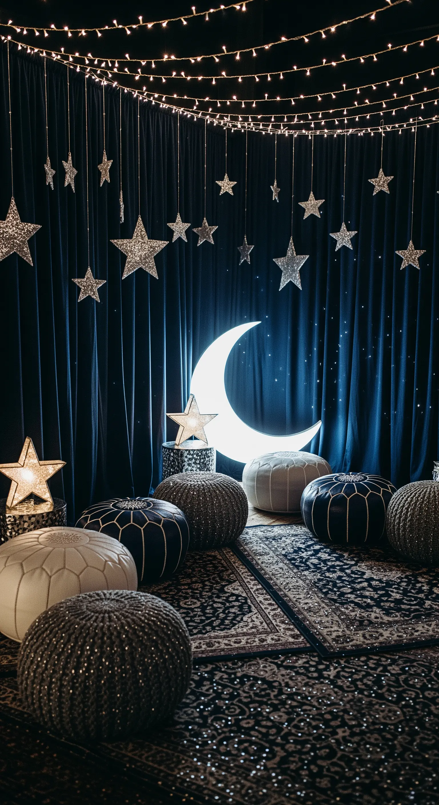 Photo corner a tema notte stellata con luna luminosa, stelle glitter e pouf scintillanti.