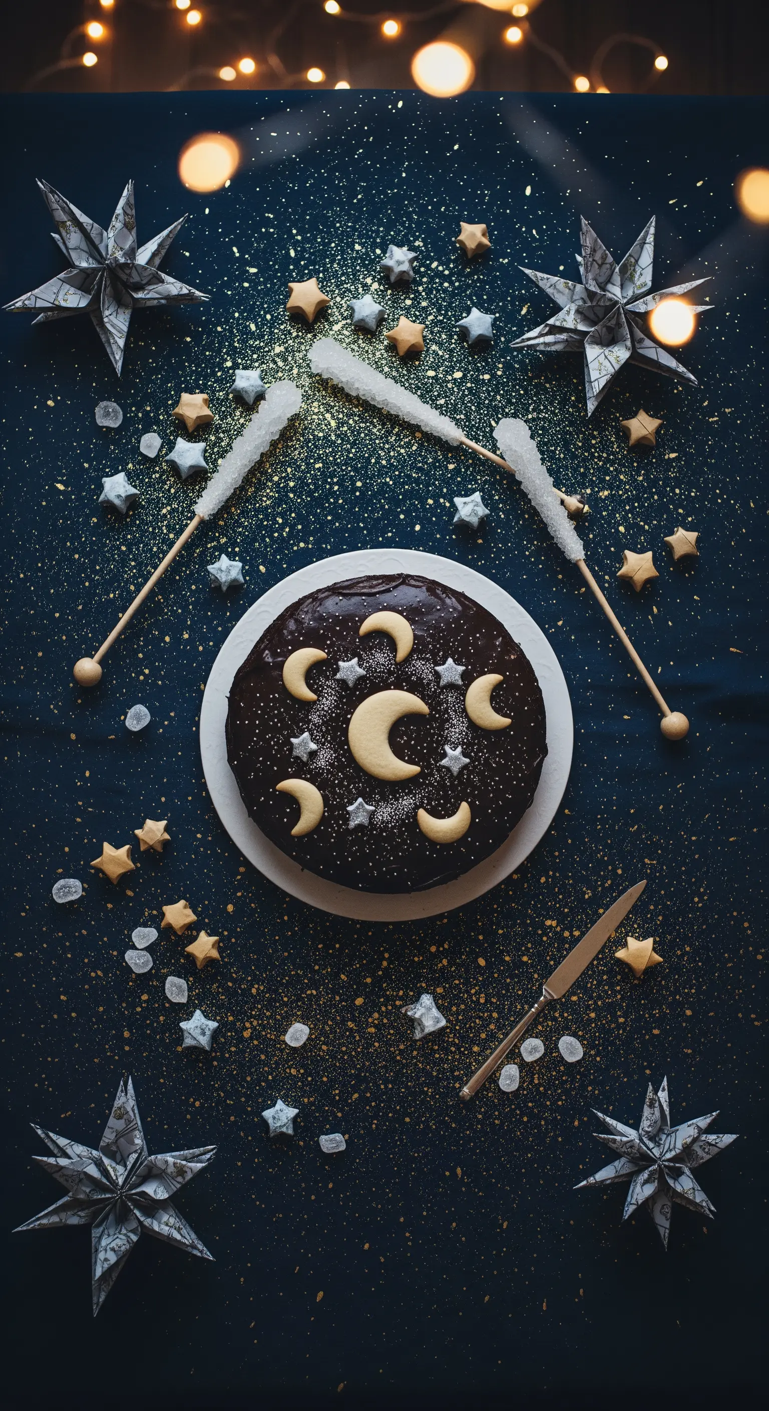 Torta al cioccolato decorata con lune e stelle su un fondo blu con luci e origami.