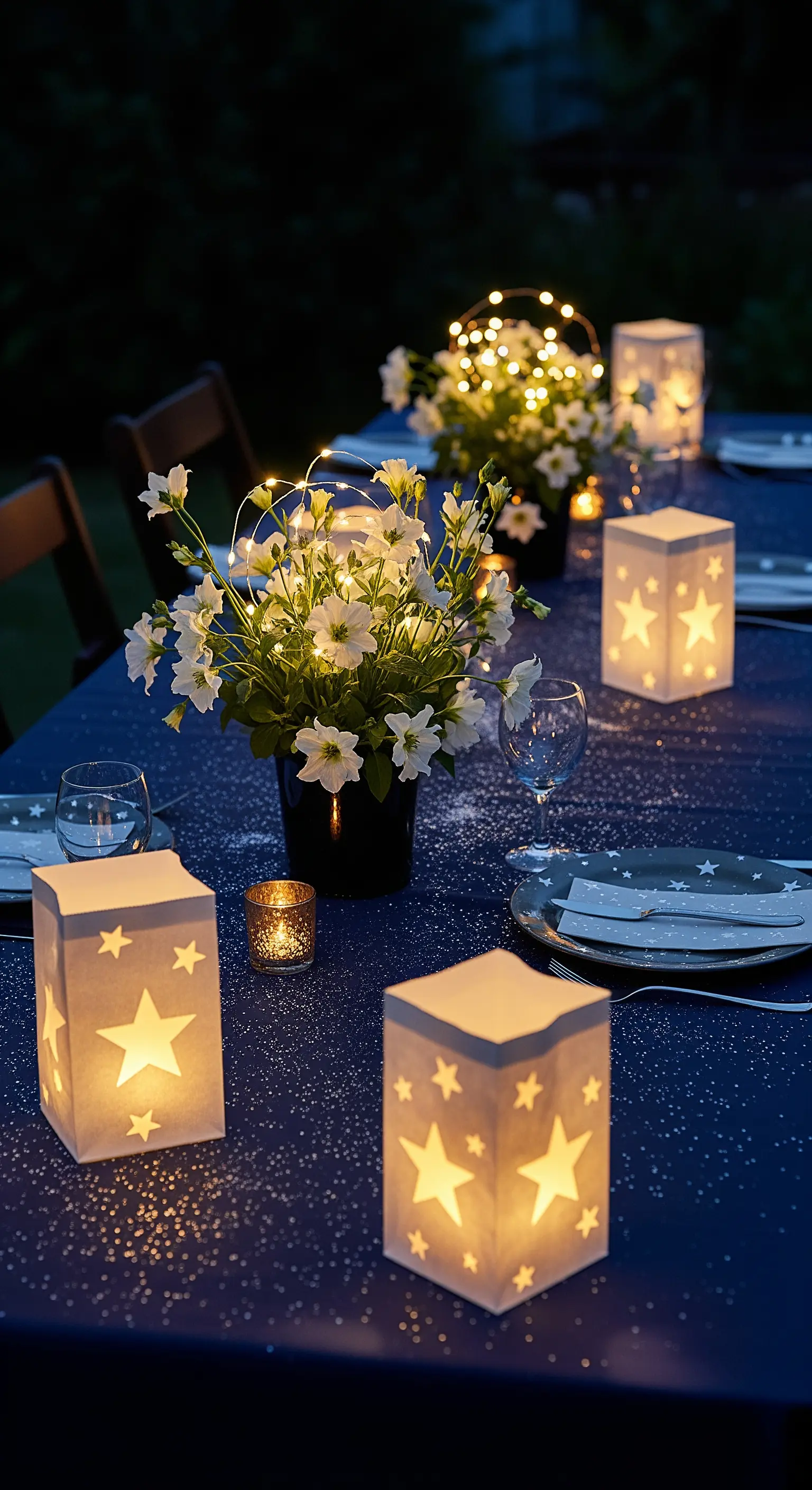 Tavola blu notte con lanterne di carta a forma di stella e fiori bianchi.