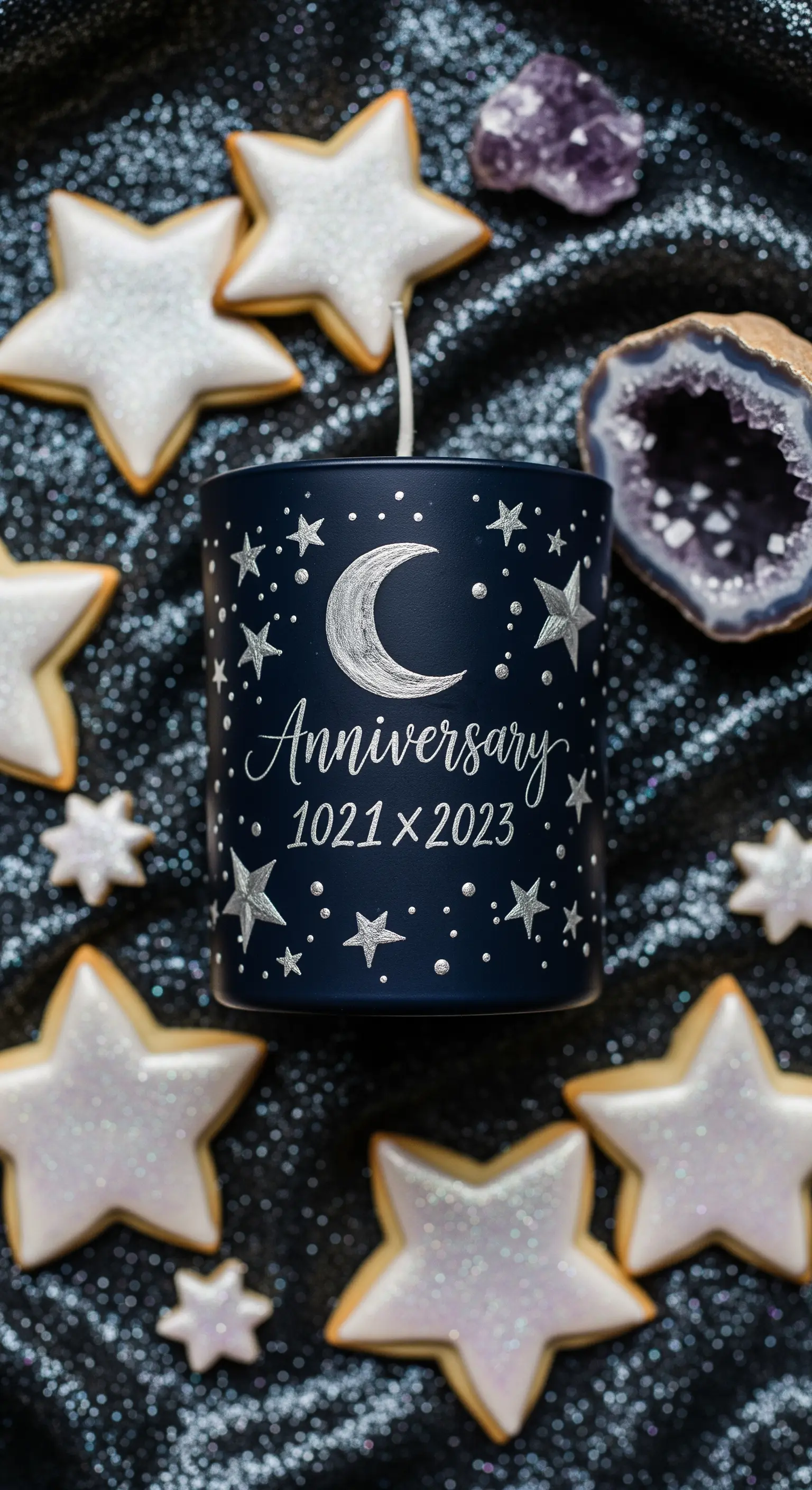 Candela blu notte personalizzata con stelle e luna, circondata da biscotti a tema.