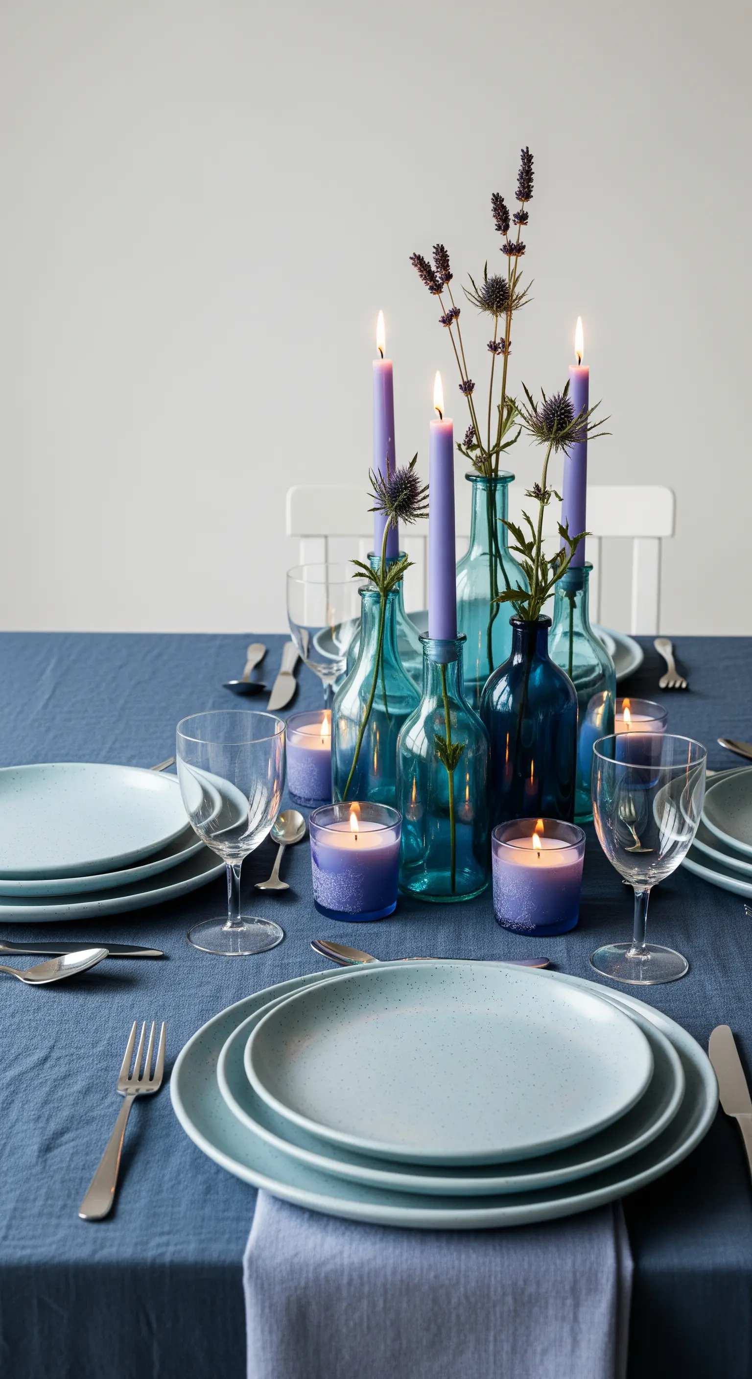 Tavola blu polvere con vasi in vetro colorato, fiori viola e candele viola.
