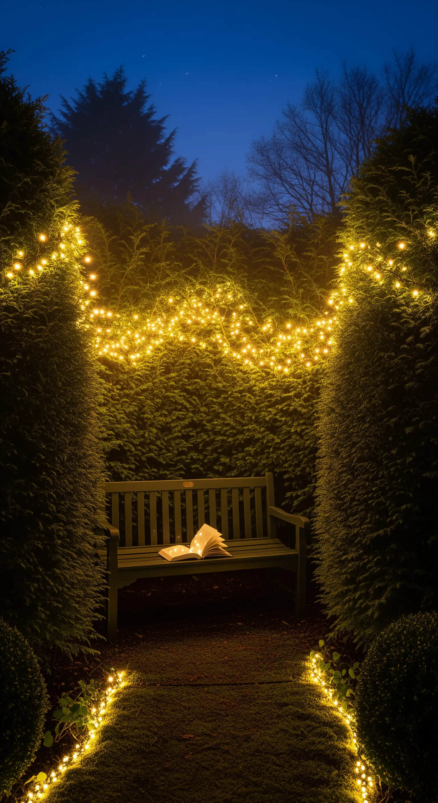 Panchina in legno in un giardino notturno, illuminata da una ghirlanda di luci calde appesa tra le siepi.
